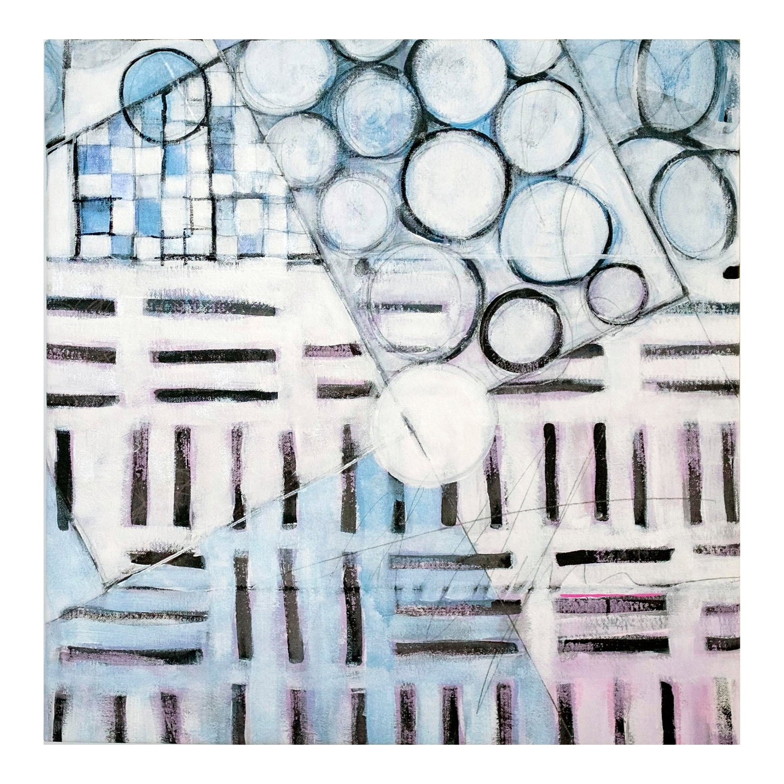 "Chester Trains Iii" Abstract Contemporary Acrylic Painting by Paula DeStefanis: Contemporary Acrylic Artwork. Created in my studio in Grafton, WI, this modern piece draws inspiration from my passion for graphic design. The sides are painted, making it ready to hang without a fram
