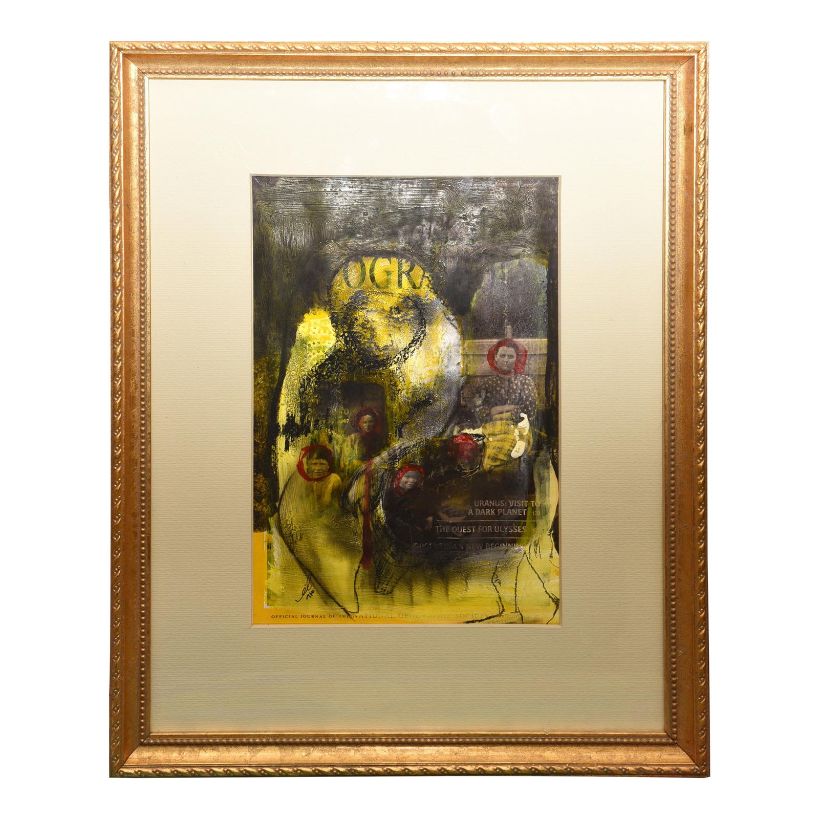 1990s Layered Histories Abstract Expressionism Mixed-Media Painting by Reza: This intriguing mixed media work by Reza, titled "Layered Histories," transforms a National Geographic Society cover page into a multi-dimensional artwork. The artist layers paint, imagery, and text o