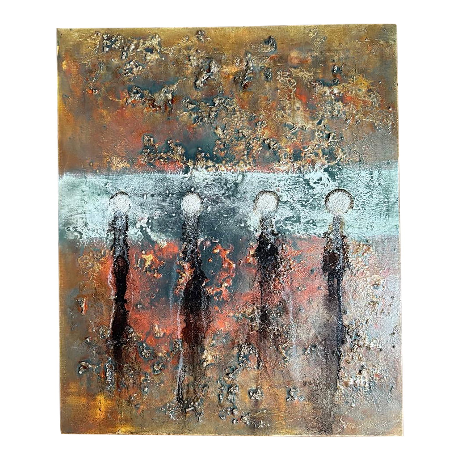 Untitled Mixed Media Painting: Mixed media collage (acrylic, adhesive, wood stain, salt, polyurethane, and watercolor) on canvas. This piece is untitled and signed on the back of the canvas. This particular piece is from my