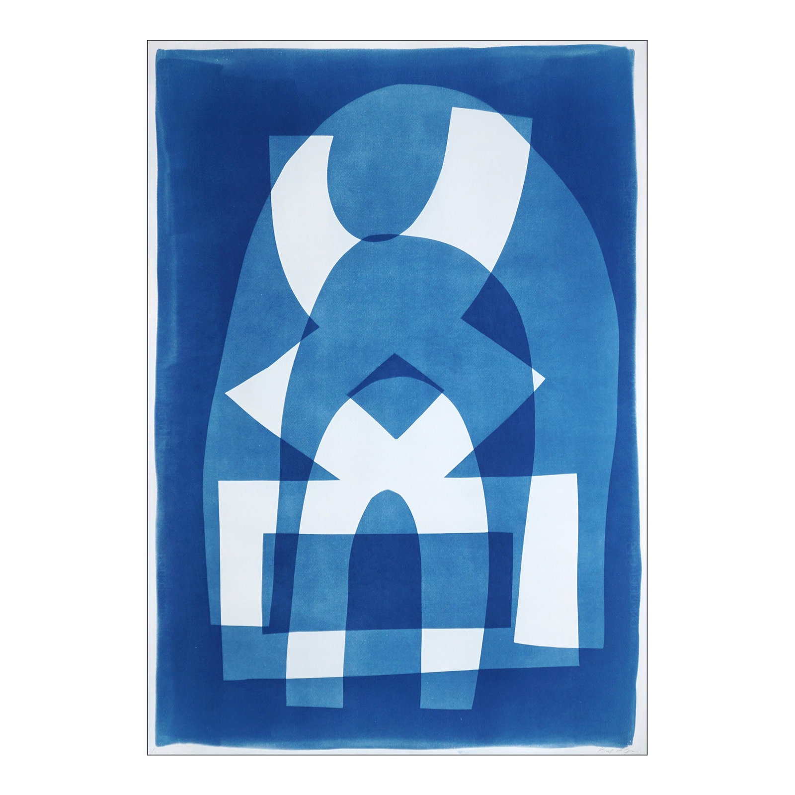 2025, Abstract Geometric Figures, Beneath the Rainbow, Handmade Cyanotype on Watercolor Paper by Kin: This handmade cyanotype monotype presents a striking interplay of geometric abstraction and atmospheric depth. Layered translucent forms in deep Prussian blue and soft white overlap to create a sense