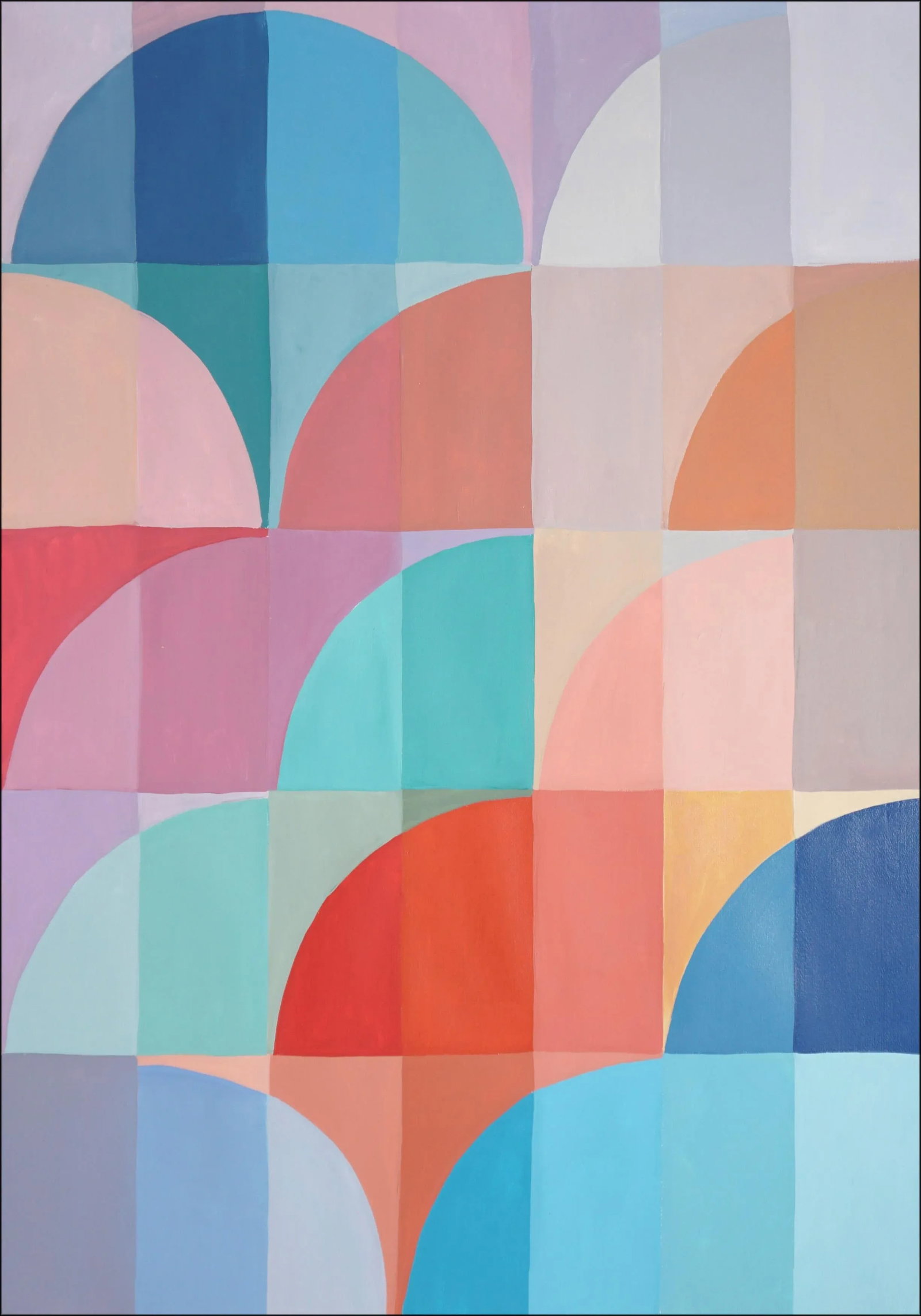 2025, Organic Bauhaus Geometry, Mauve and Turquoise Arches, Vivid Tones Patterns Grid, Acrylic Paint: Mauve and Turquoise Arches by Natalia Roman channels the spirit of Bauhaus with a modern sensibility, balancing geometry, symmetry, and refined color interaction. This composition is structured