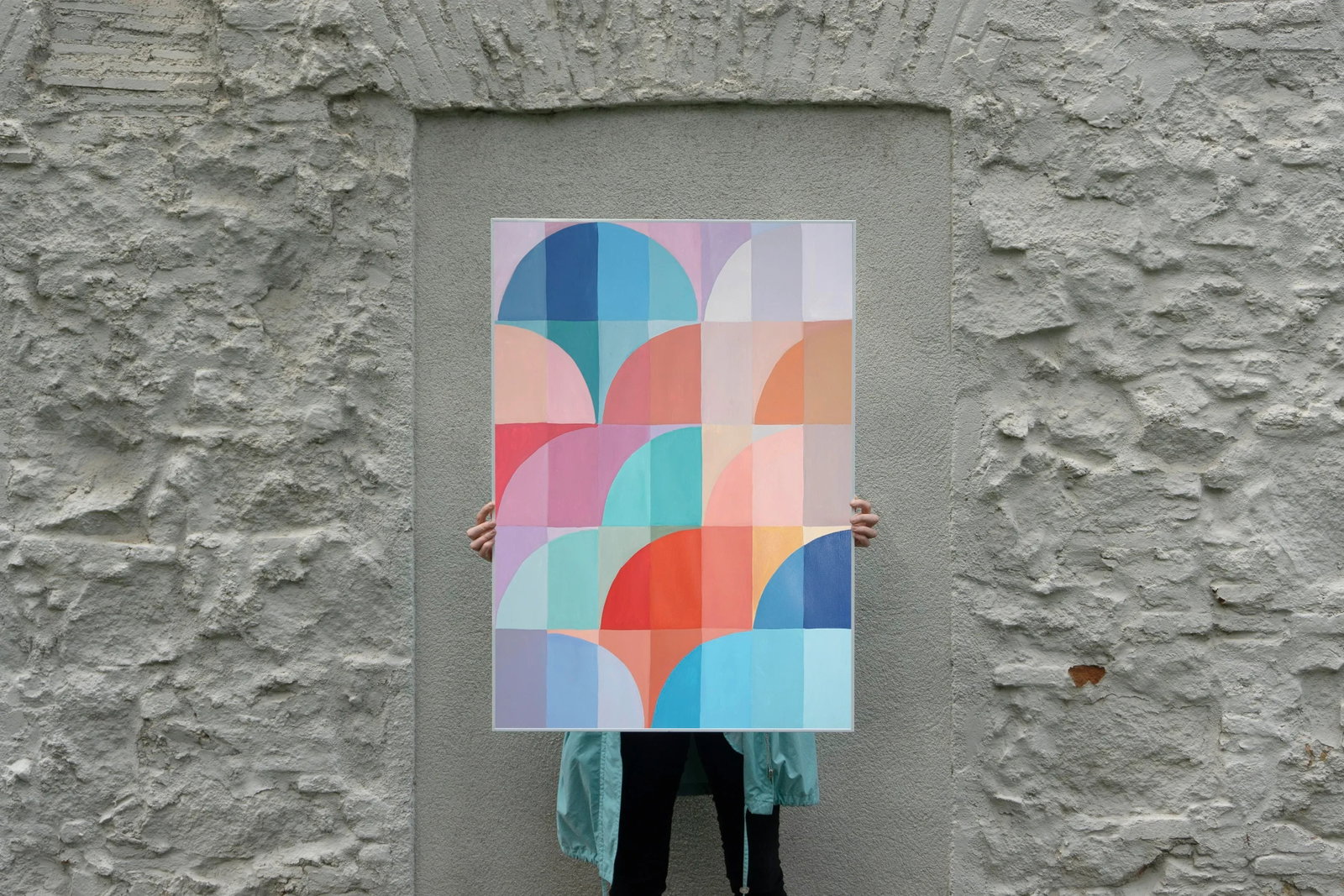 2025, Organic Bauhaus Geometry, Mauve and Turquoise Arches, Vivid Tones Patterns Grid, Acrylic Paint - 5