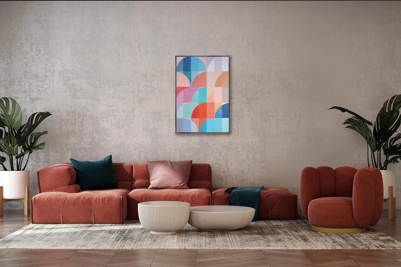2025, Organic Bauhaus Geometry, Mauve and Turquoise Arches, Vivid Tones Patterns Grid, Acrylic Paint - 6
