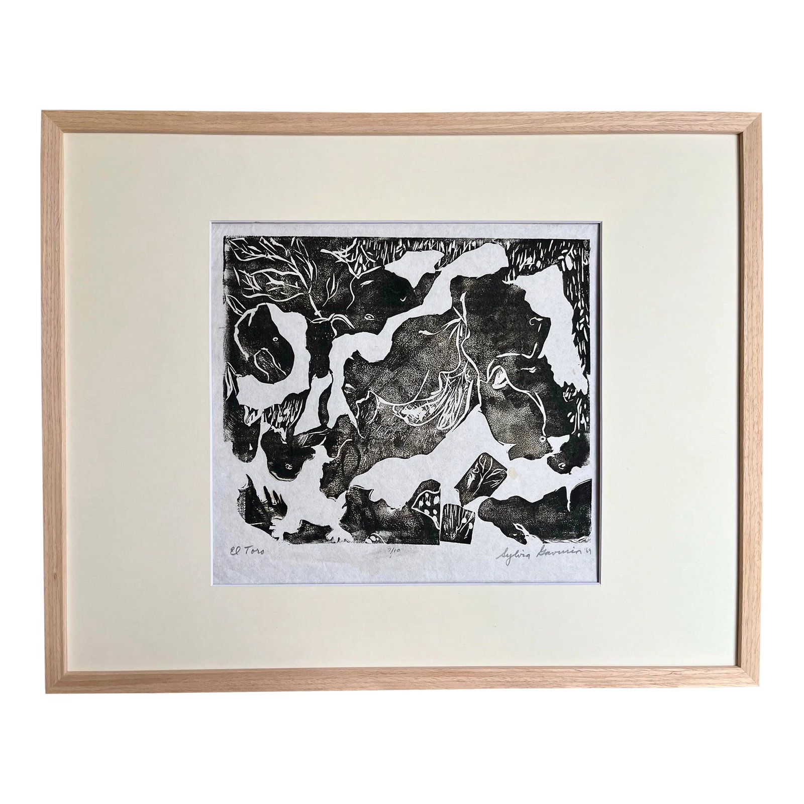 Vintage Abstract Expressionist Wood Block Print Titled "El Toro" by Sylvia T. Gavurin.: Original vintage abstract expressionist wood block print El Toro " by Sylvia T Gavurin. Printed on Japan paper archival matted and framed in a contemporary frame. Measuring overall framed size 13" x