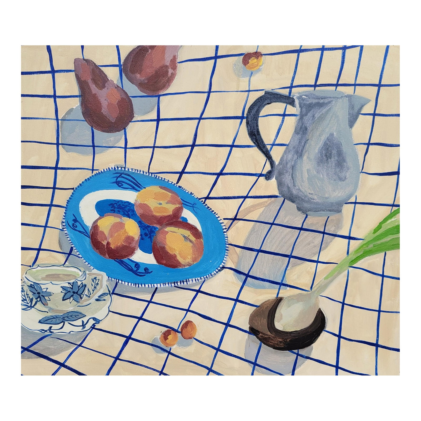 Plaid Still Life 2, Original Oil Painting by Molly Mansfield: Molly Mansfield is an oil painter based in Austin, Texas. Driven by her love of the medium and obsession with color and pattern, she has evolved a style characterized by her unique brushwork and