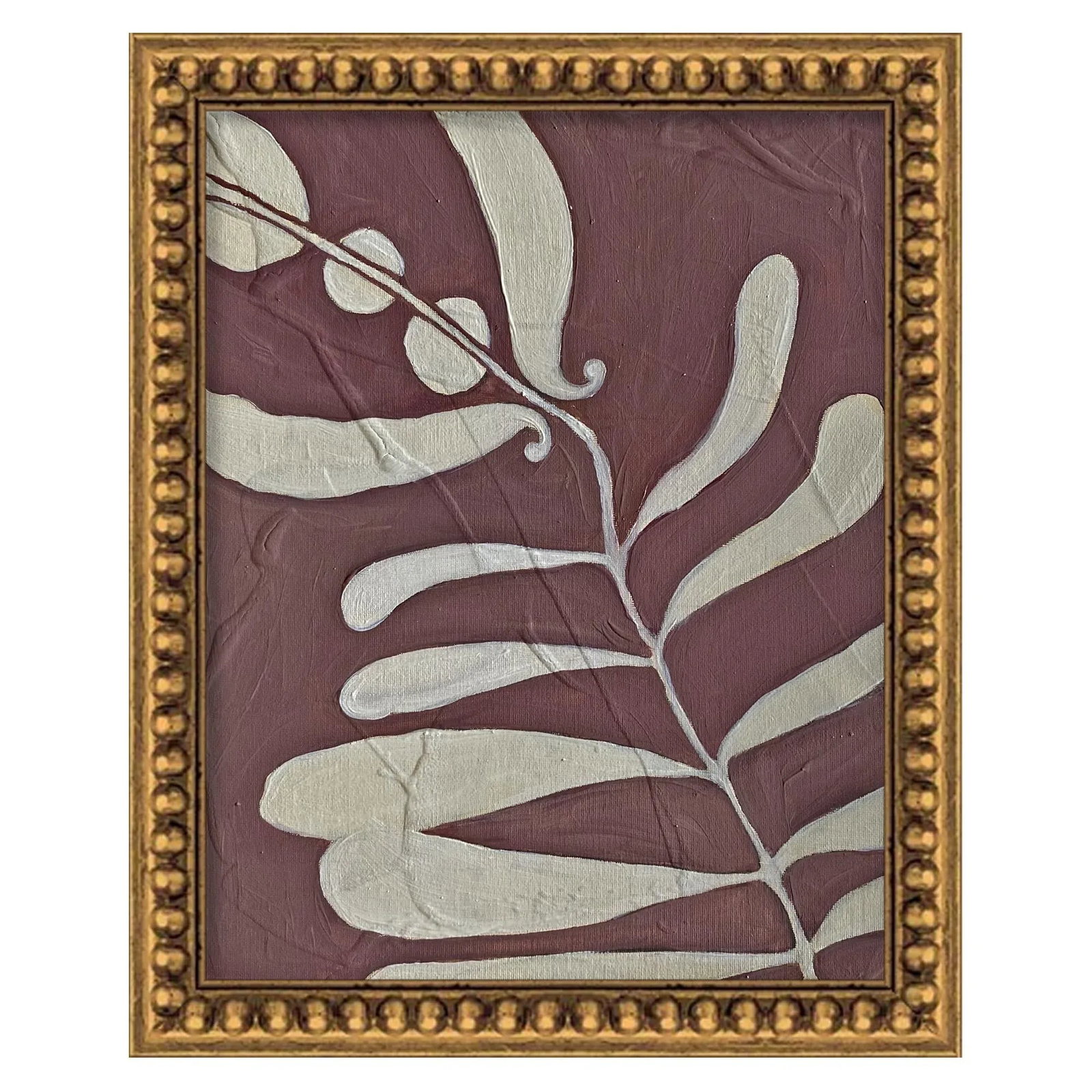 Original Boho Textured Leaf Painting - Oil on Clay Board - By Tatiana Duperault: Bring warmth and natural elegance to your space with this original oil painting by artist Tatiana Duperault. Hand-painted on heavy textured clay board and framed in a solid antique-style wood frame,