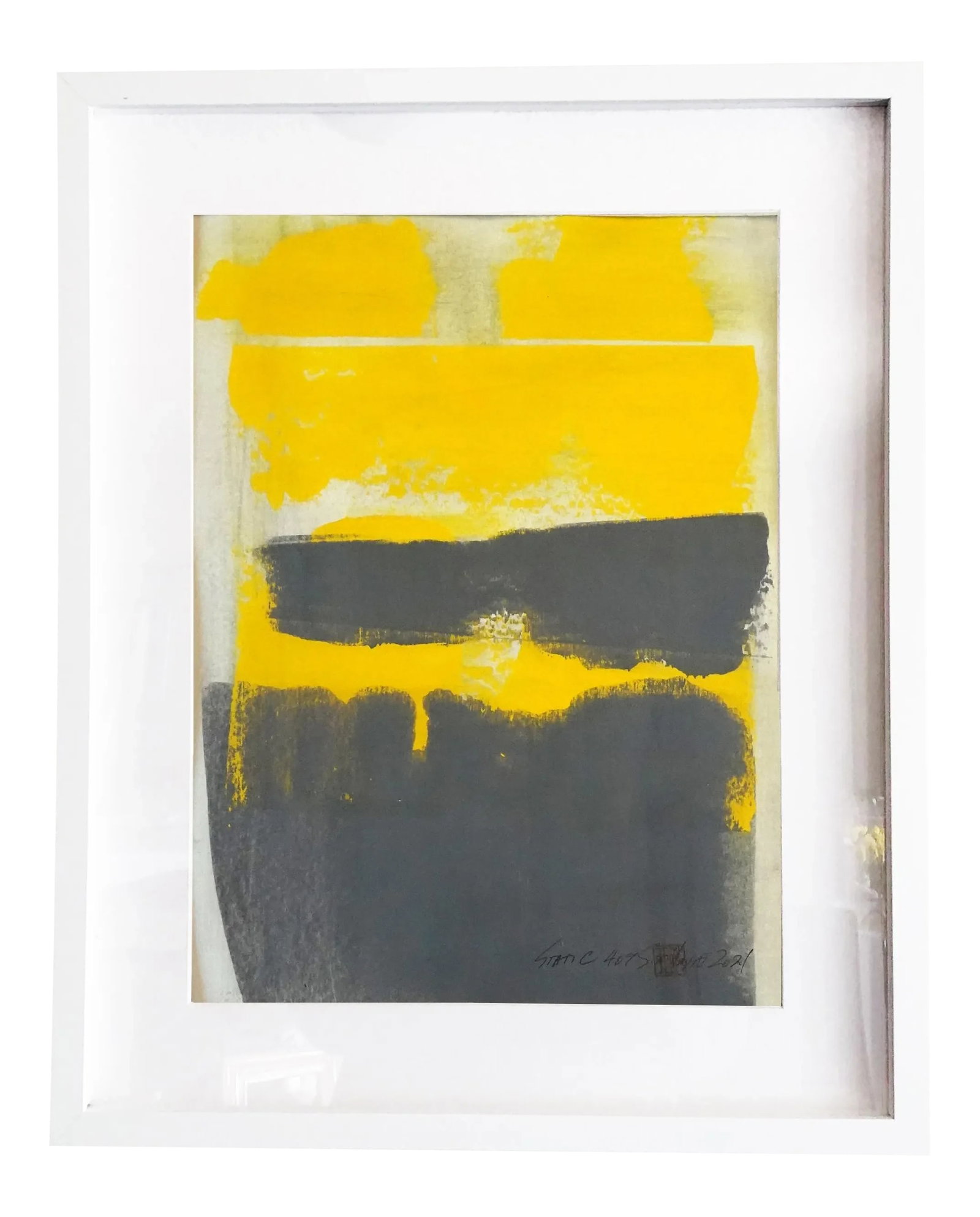 "Static 409" Contemporary Abstract Yellow Mixed-Media Painting, Framed: This is gray with a dash of yellow with a twist, Striking it always makes a statement. Painting is 12X17" handmade heavyweight paper comes custom-framed in a 17X21X1.2" white shadow box Signed,