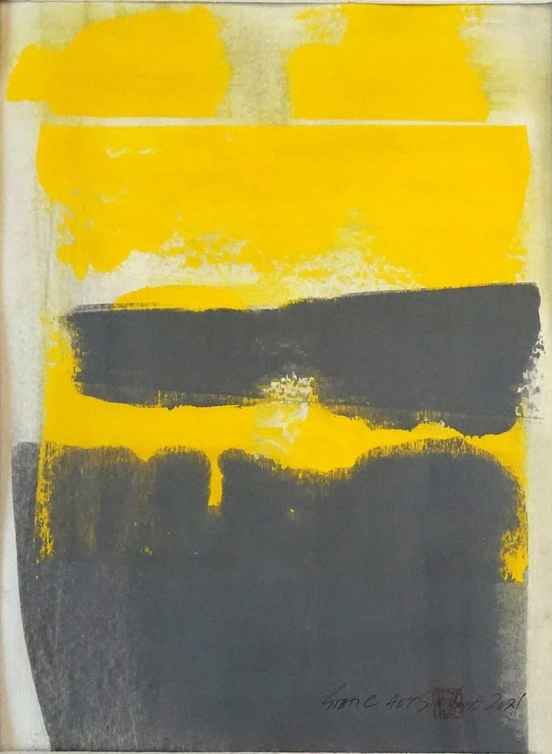 "Static 409" Contemporary Abstract Yellow Mixed-Media Painting, Framed - 2