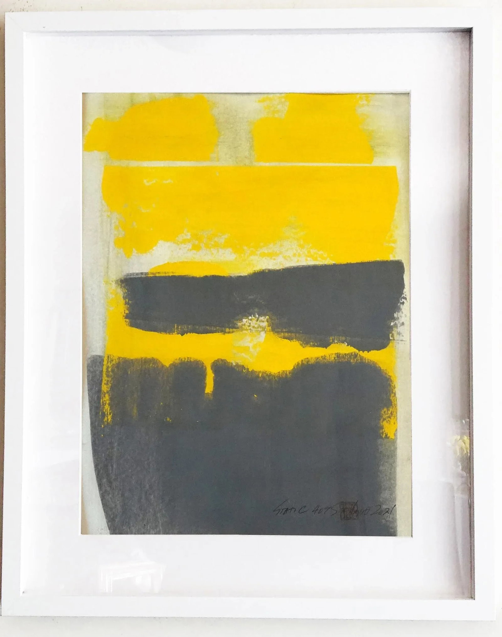"Static 409" Contemporary Abstract Yellow Mixed-Media Painting, Framed - 5