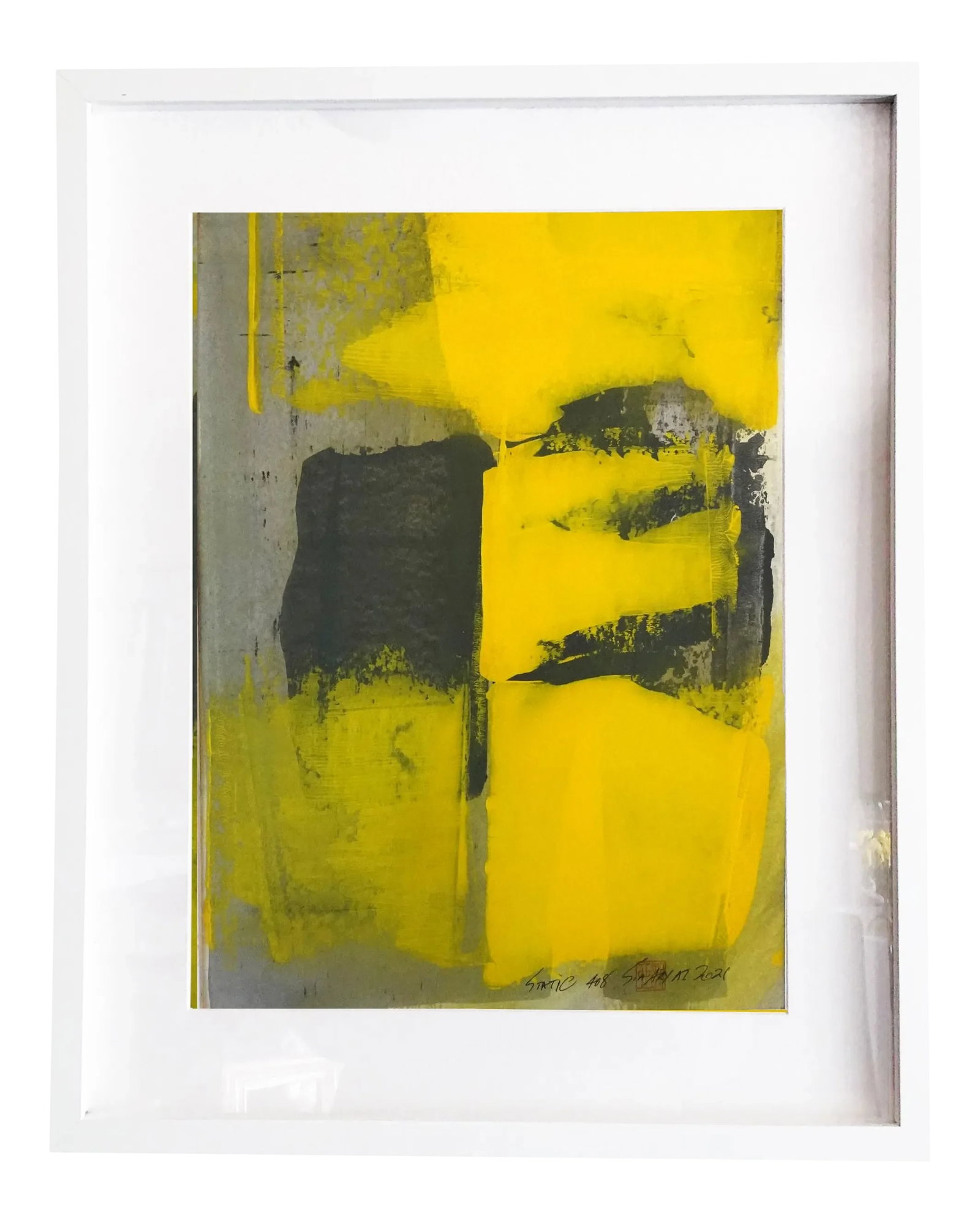 "Static 408" Contemporary Abstract Yellow Mixed-Media Painting, Framed: This is gray with a dash of yellow with a twist, it always makes a statement. Painting is 12X17" handmade heavyweight paper comes custom-framed in a 17X21X1.2" white shadow box Signed, dated, and