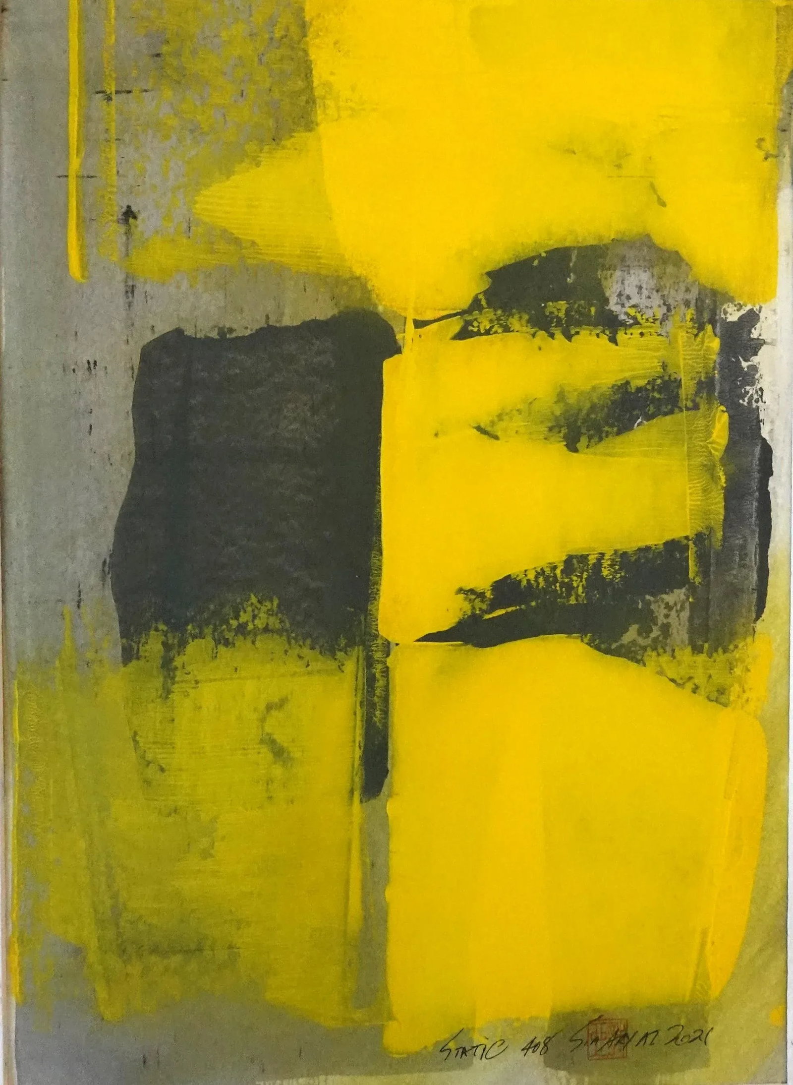 "Static 408" Contemporary Abstract Yellow Mixed-Media Painting, Framed - 2