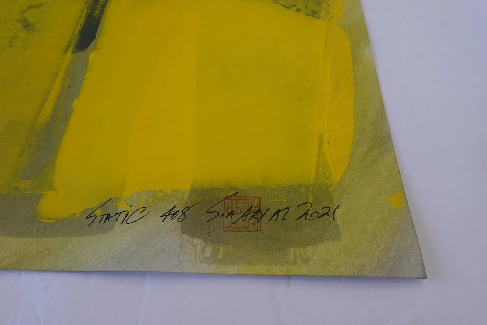 "Static 408" Contemporary Abstract Yellow Mixed-Media Painting, Framed - 3