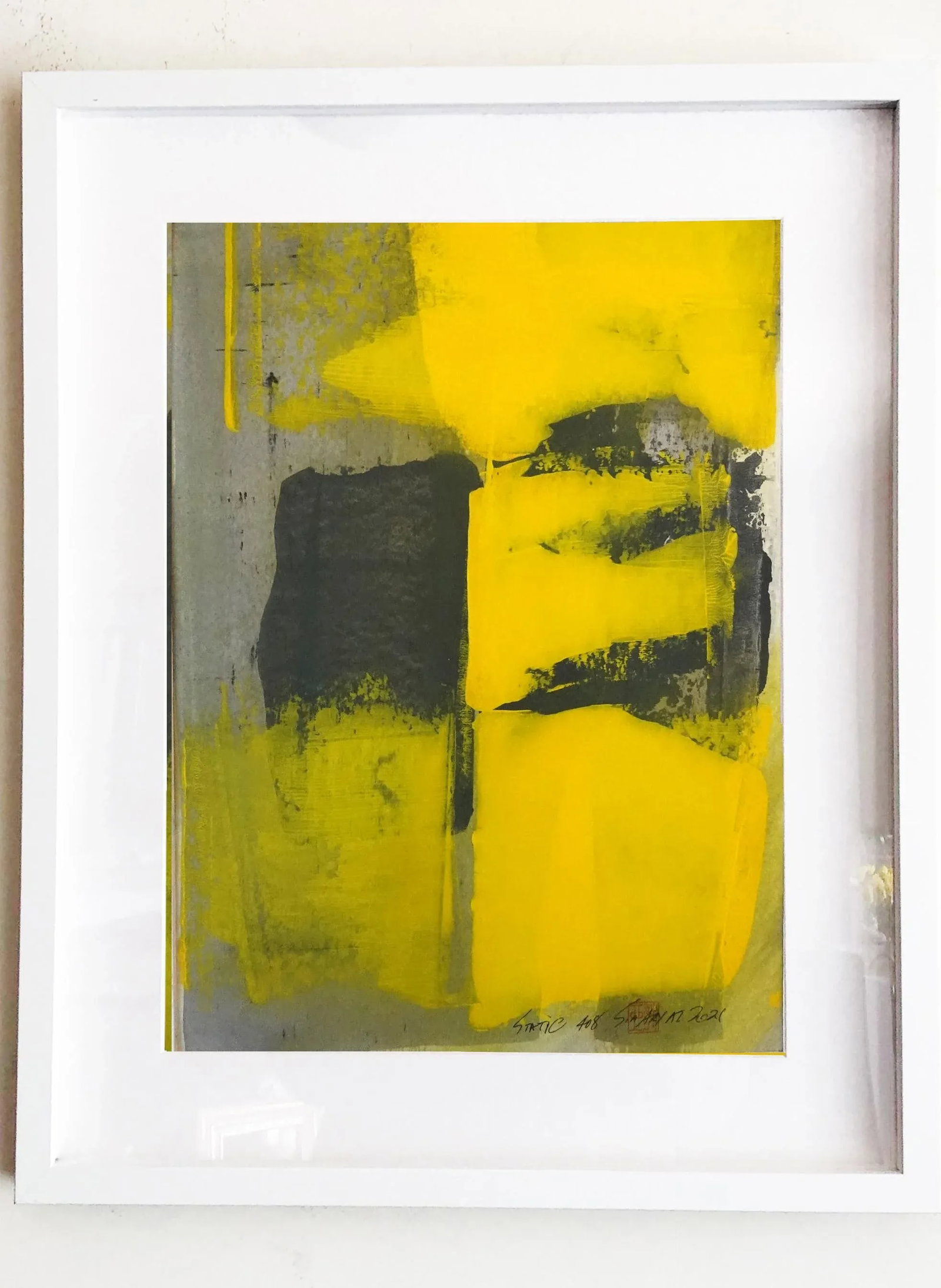 "Static 408" Contemporary Abstract Yellow Mixed-Media Painting, Framed - 5