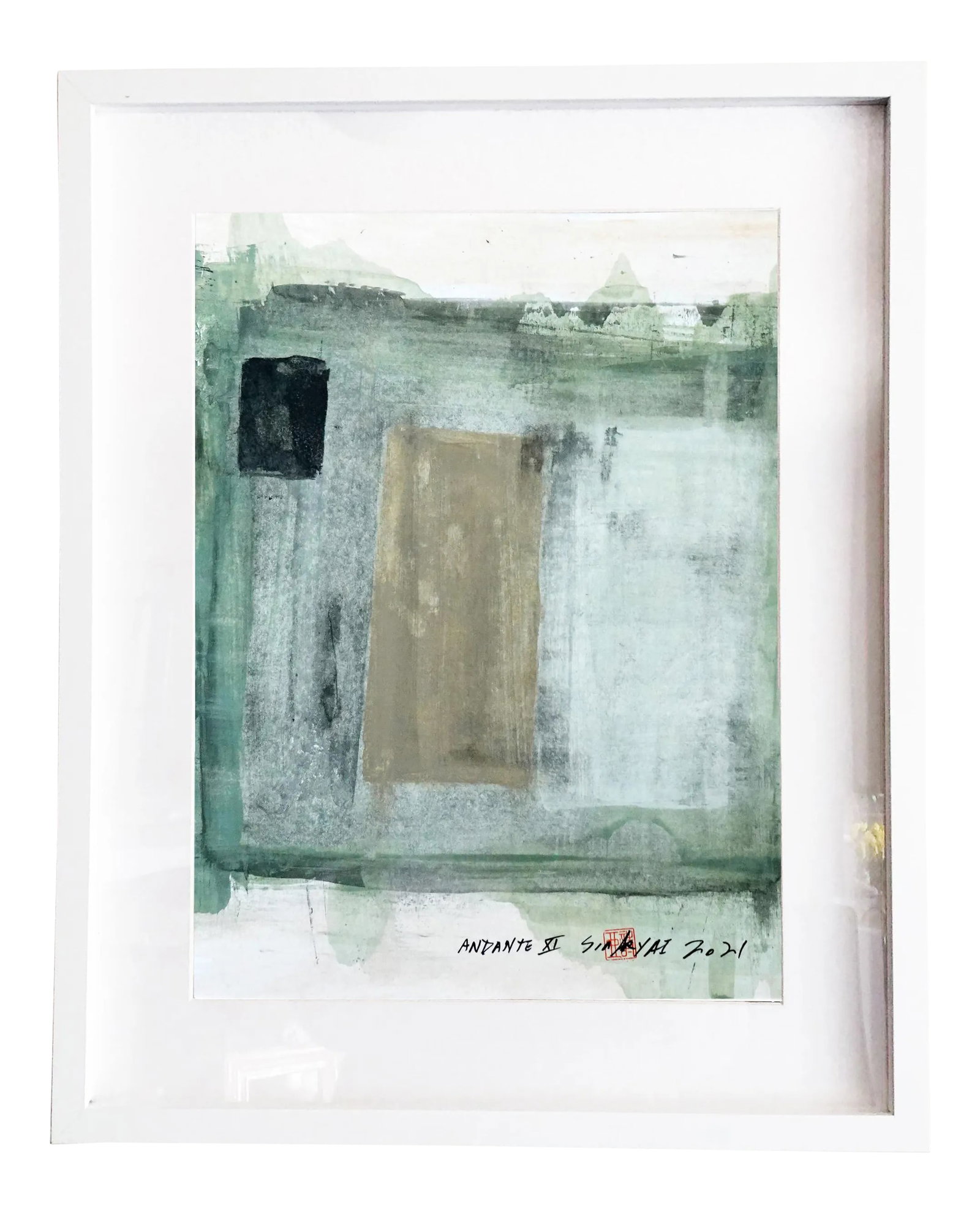 "Andante XI" Contemporary Abstract Green Mixed-Media Painting, Framed: I used muted tones in this series, this combination of pastel colors have a wonderful effect on human emotions. Would this painting makes you feel happier in your room? Painting is 14X17" comes
