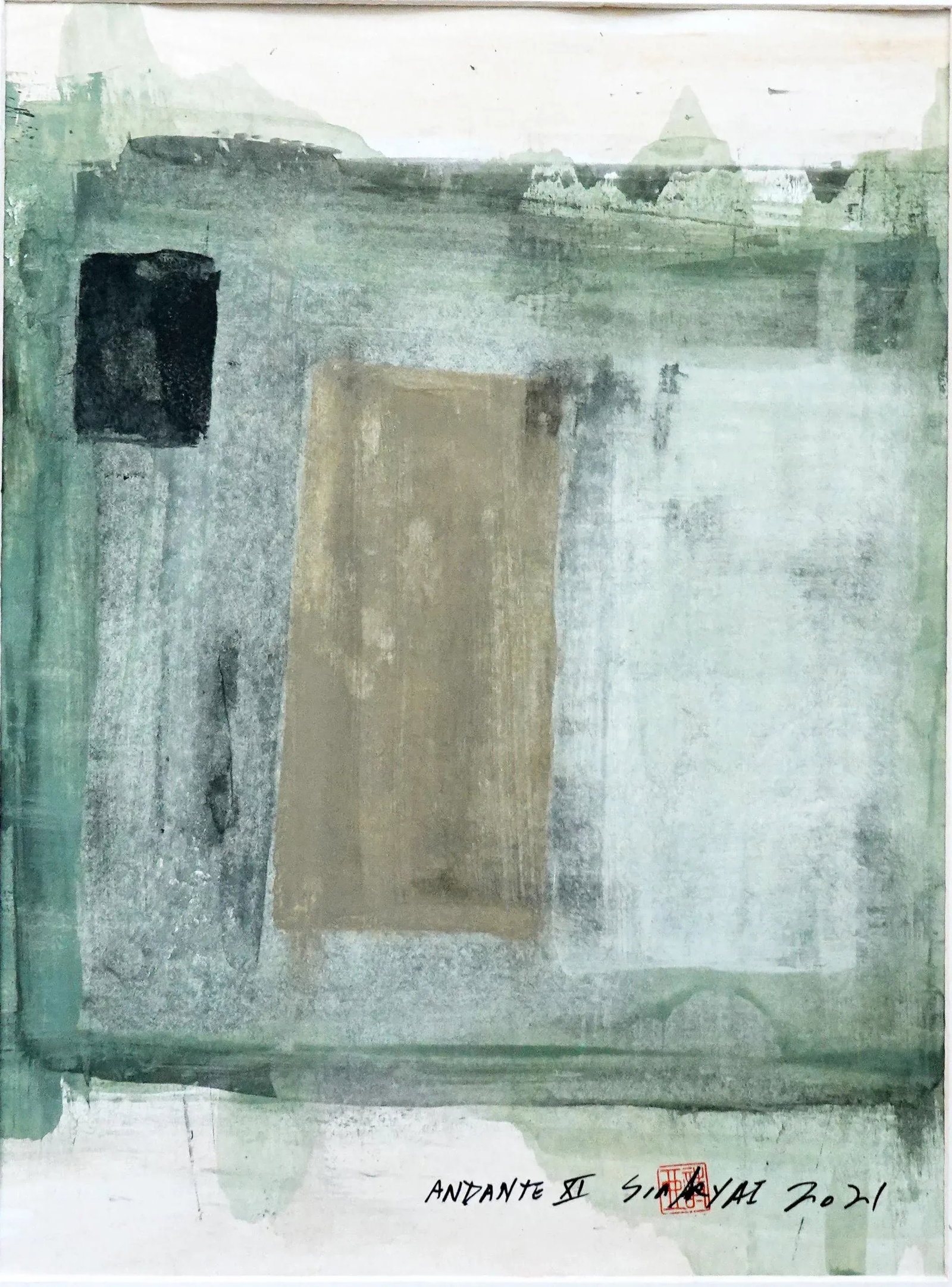 "Andante XI" Contemporary Abstract Green Mixed-Media Painting, Framed - 2