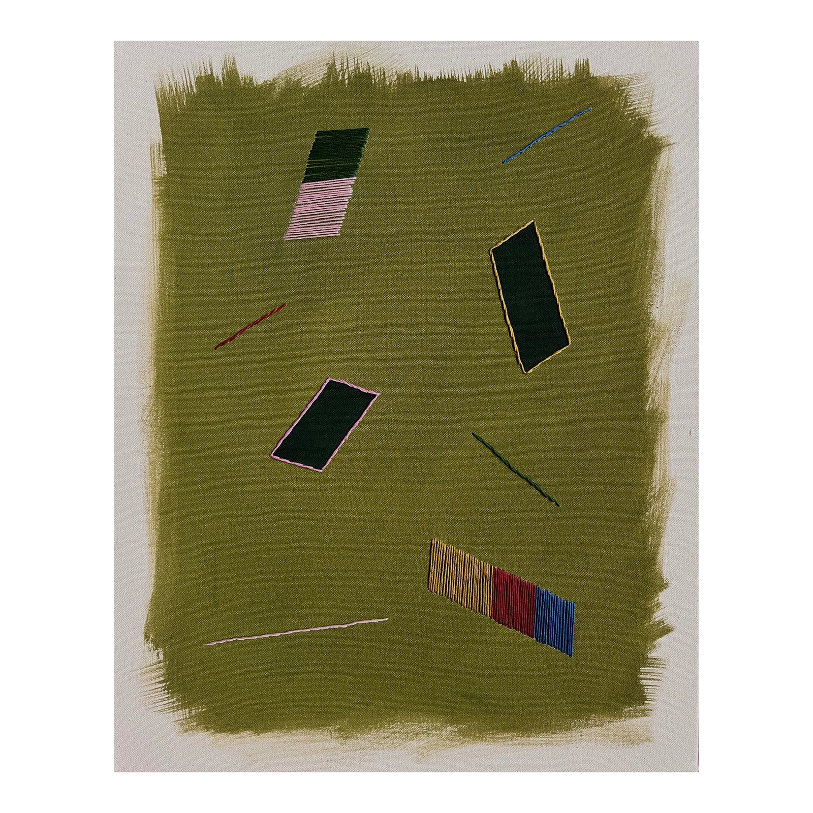 Original Painting | Olive Green Abstract Geometric Stretched Canvas Painting, 16 X 20 In.: "Olive With Forest Confetti" Original embroidered painting by Emily Keating Snyder, 16" W x 20" H x 1.5" D Acrylic paint with embroidery on raw stretched canvas. Signed on edge. Note: Colors may appea