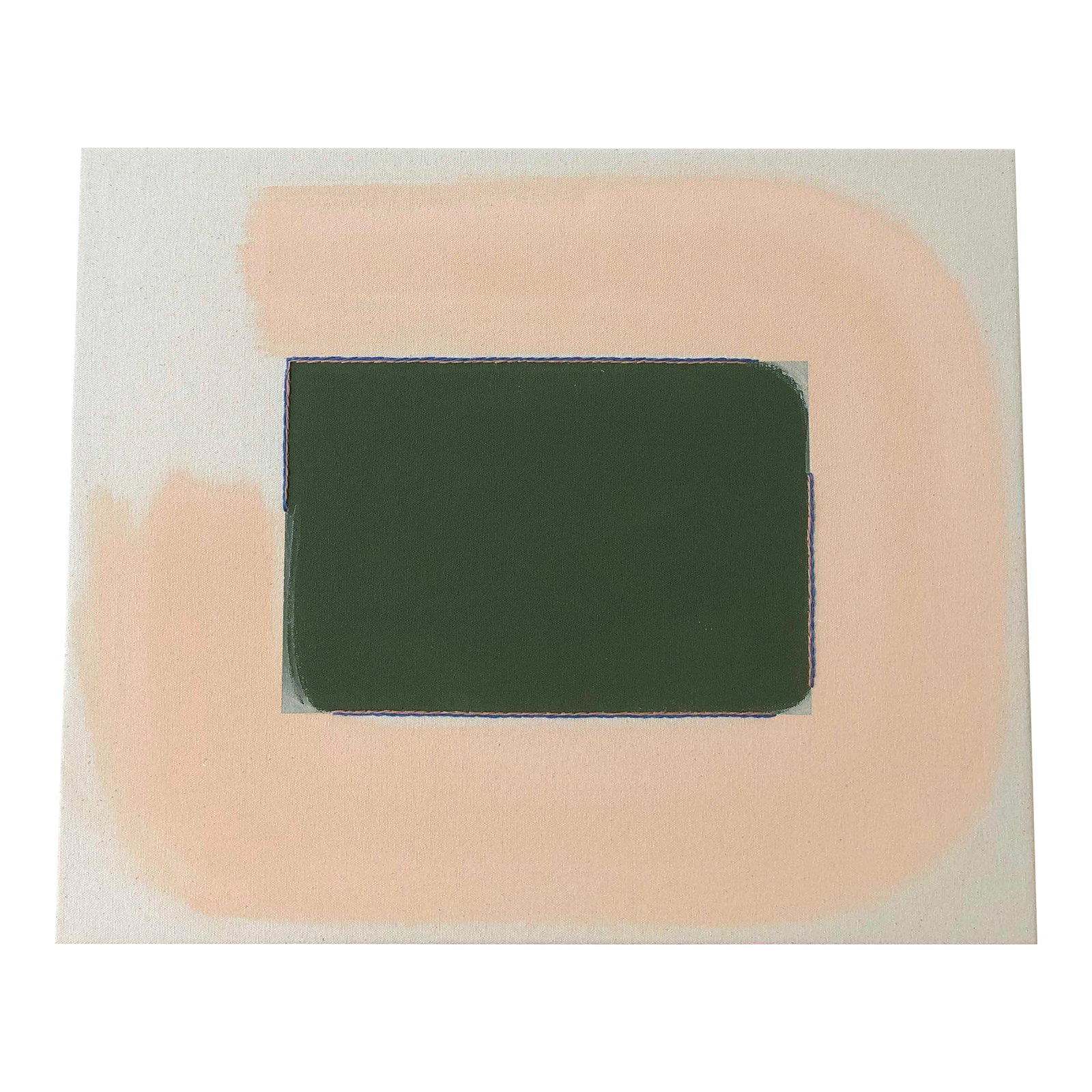 Original Painting | Dark Green and Light Peach Abstract Minimalist, 18 X 22 In.: "Tobacco/Snail Pink With Cornflower," Original embroidered painting by Emily Keating Snyder, 22" W x 18" H x 1.5" D Acrylic paint with embroidery on raw stretched canvas. Signed on edge. Note: Colors 