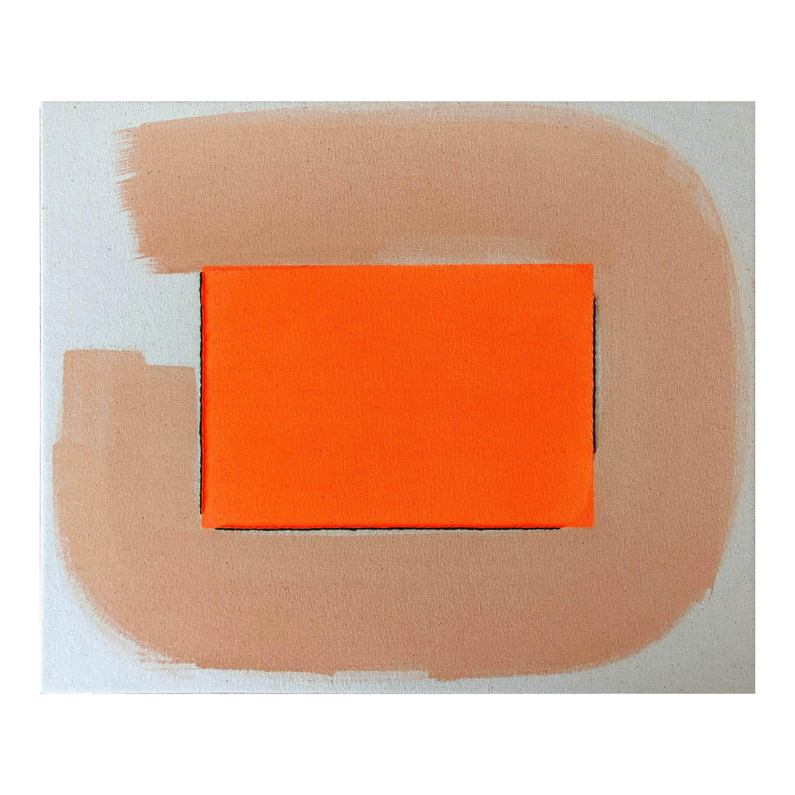 Original Painting | Neon Orange and Cream Abstract Minimalist, 18 X 22 In.: "Neon/Sand Wash With Forest," Original embroidered painting by Emily Keating Snyder, 22" W x 18" H x 1.5" D Acrylic paint with embroidery on raw stretched canvas. Signed on edge. Note: Colors may