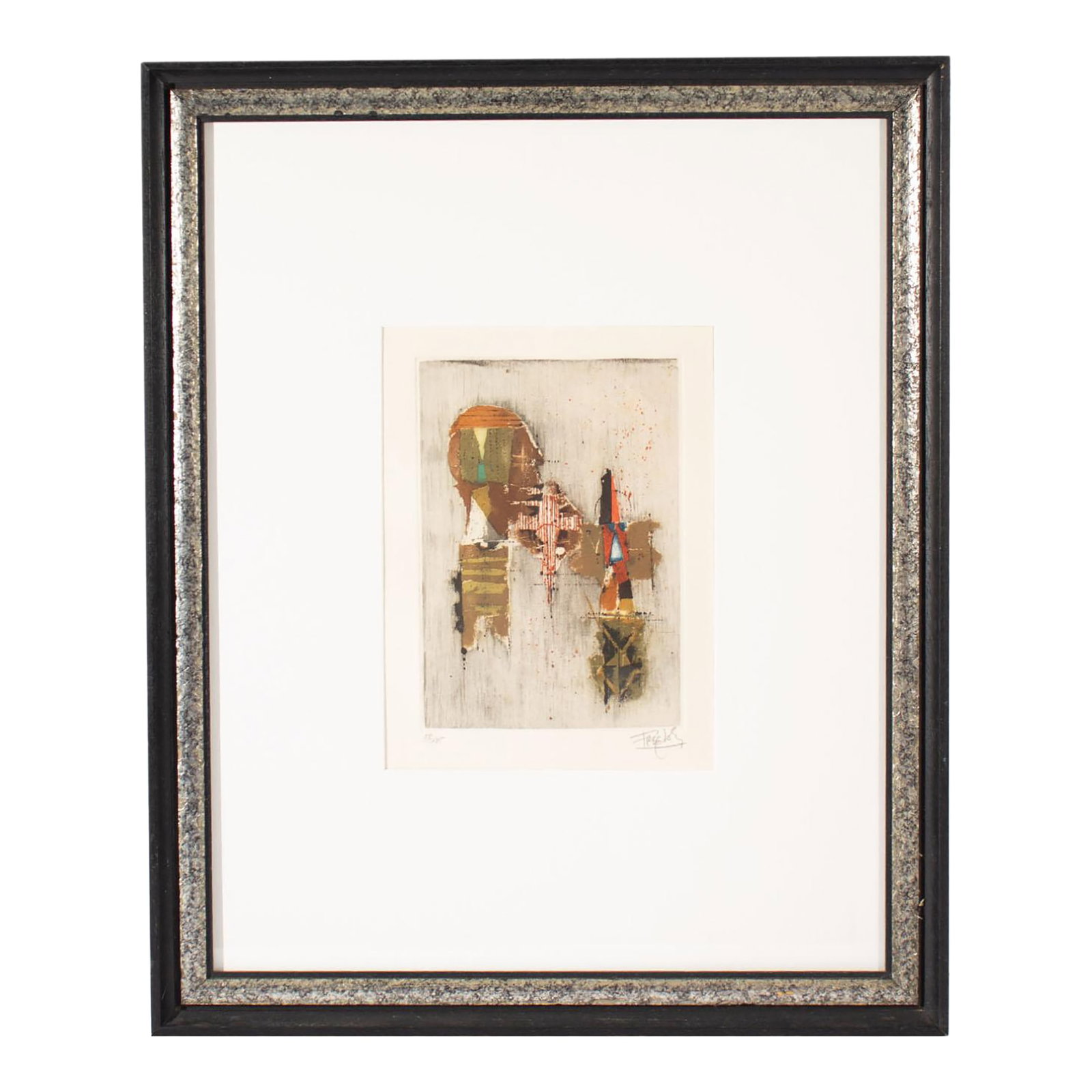 Abstract Color Etching by Johnny Friedlaender: A color etching by Polish artist Johnny Friedlaender (1912-1992). This abstract work consists of organic groupings of shapes of brown, gold, orange, and black against a cream background. The piece is 