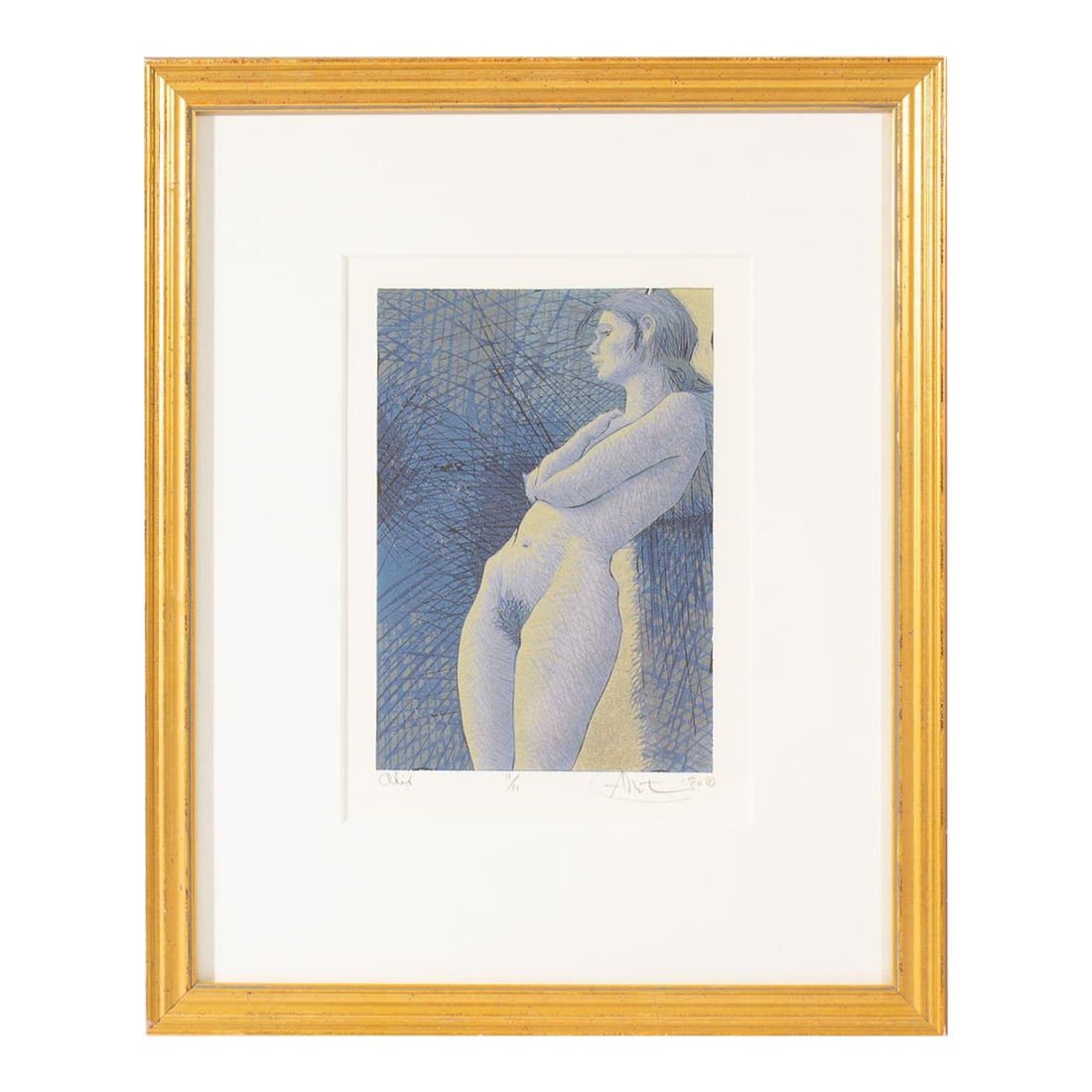 Gordon Mortensen 1990 "Alix" Woodcut Print: A 1990 woodcut print by American artist Gordon Mortensen (b. 1938). Titled "Alix," the print depicts a nude female figure leaning against a wall in soft blue and yellow cross hatching. The piece sits 