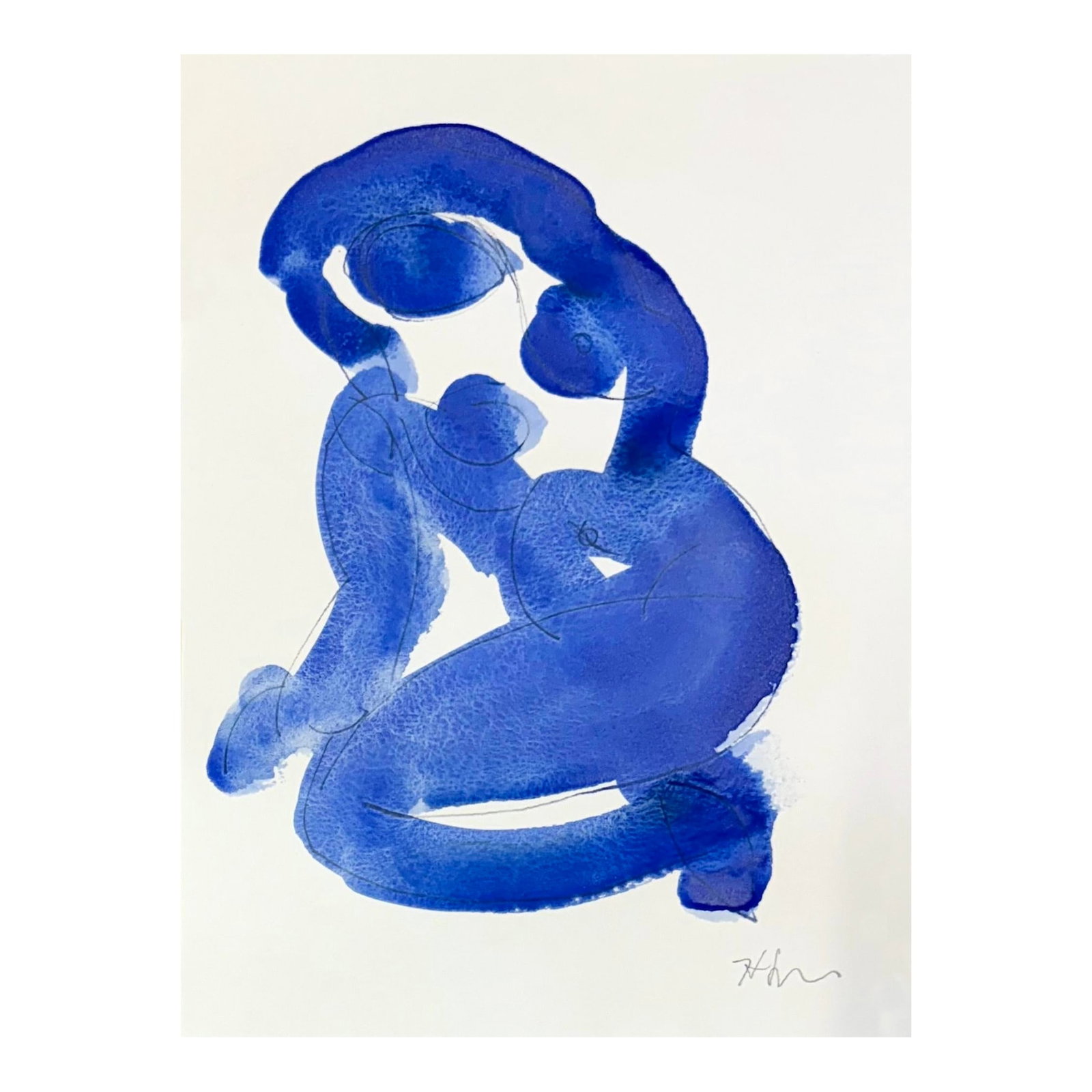 Blue Gesture 21: Blue Gesture is an expressive study of the female form, capturing elegance and movement in a single, fluid pose. Executed in fluid washes of blue watercolor, the piece reveals both spontaneity and