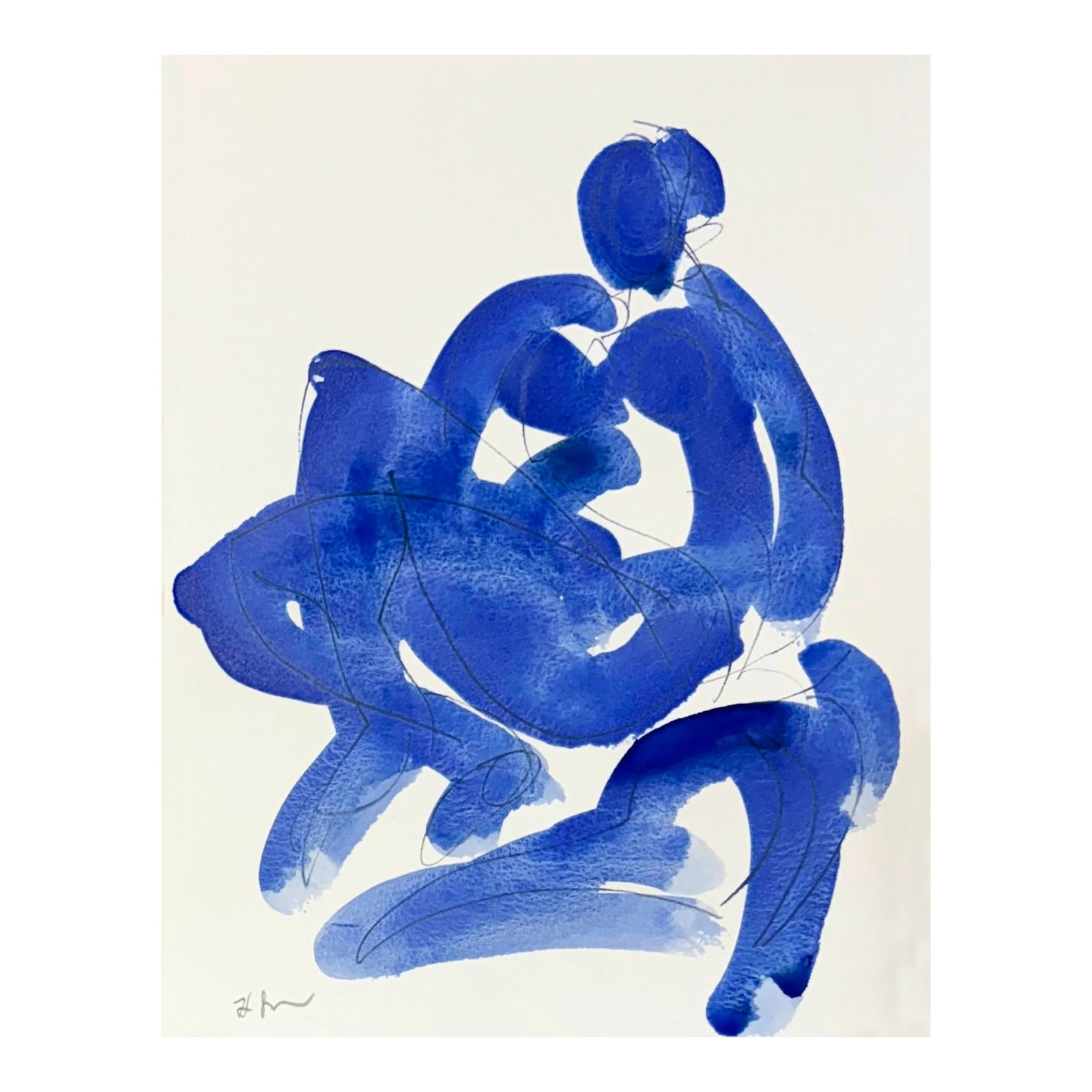 Blue Gesture No 25: Blue Gesture is an expressive study of the female form, capturing elegance and movement in a single, fluid pose. Executed in fluid washes of blue watercolor, the piece reveals both spontaneity and