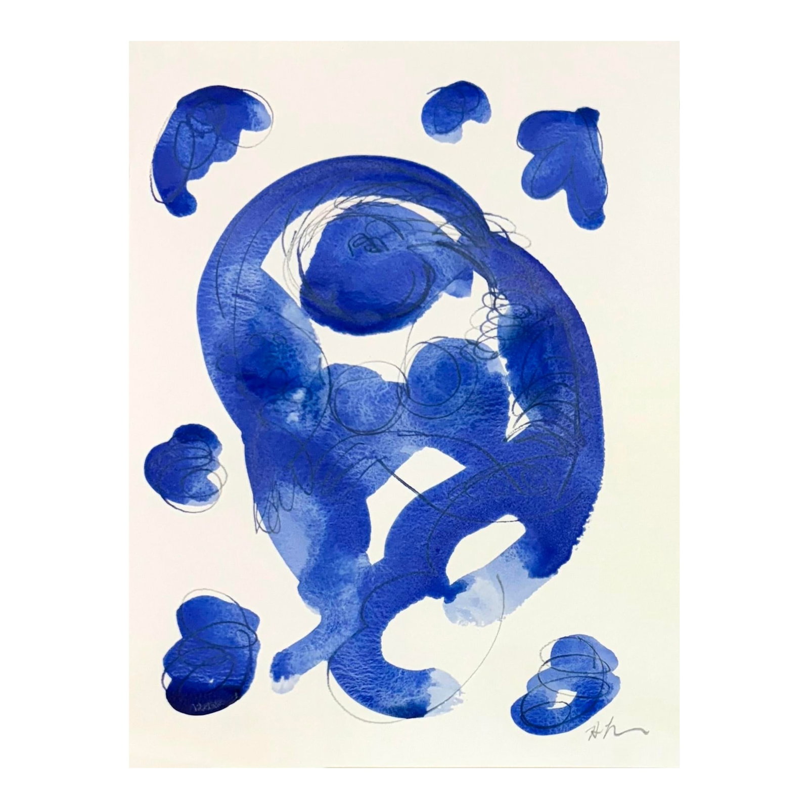 Blue Gesture No 24: Blue Gesture is an expressive study of the female form, capturing elegance and movement in a single, fluid pose. Executed in fluid washes of blue watercolor, the piece reveals both spontaneity and