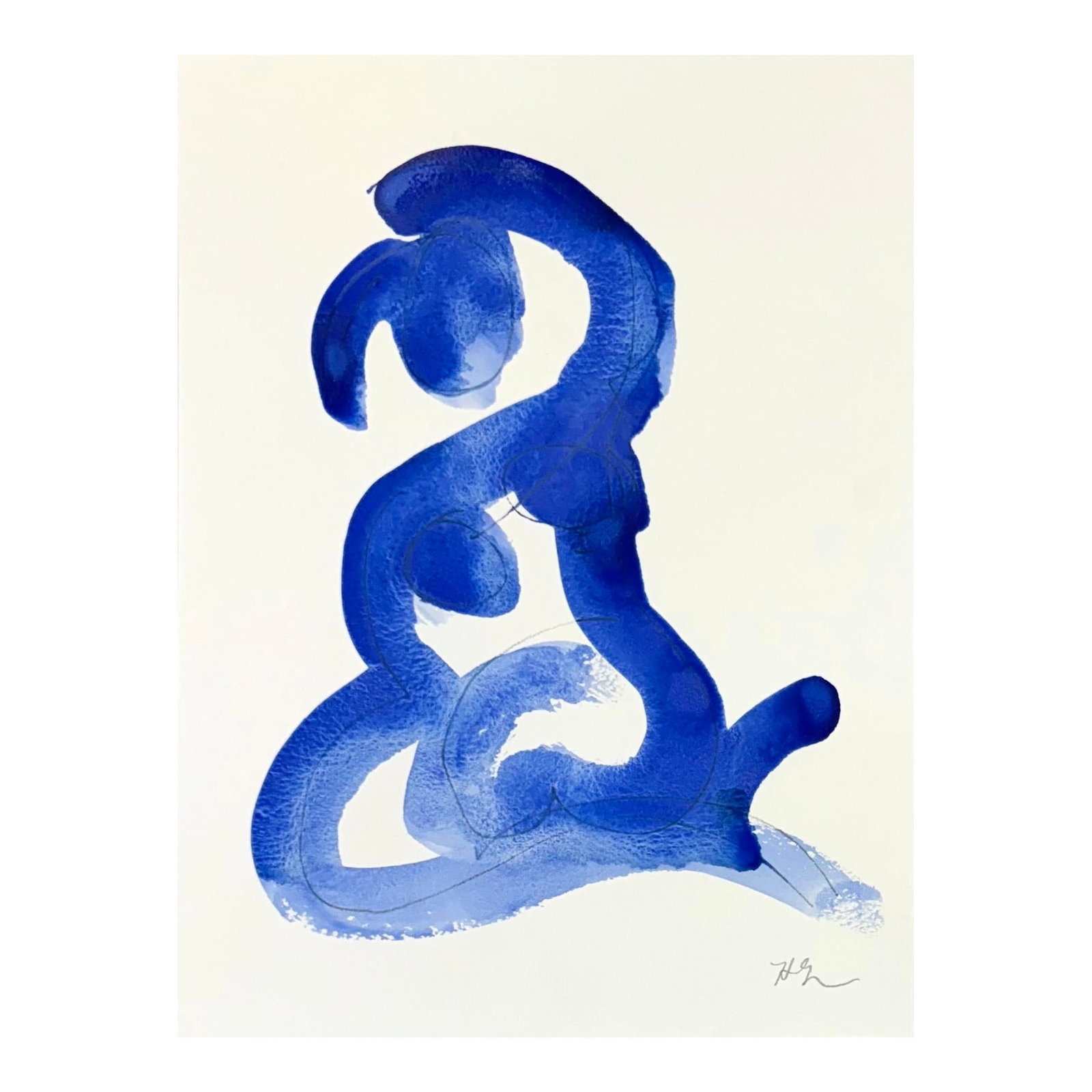 Blue Gesture No 20: Blue Gesture is an expressive study of the female form, capturing elegance and movement in a single, fluid pose. Executed in fluid washes of blue watercolor, the piece reveals both spontaneity and