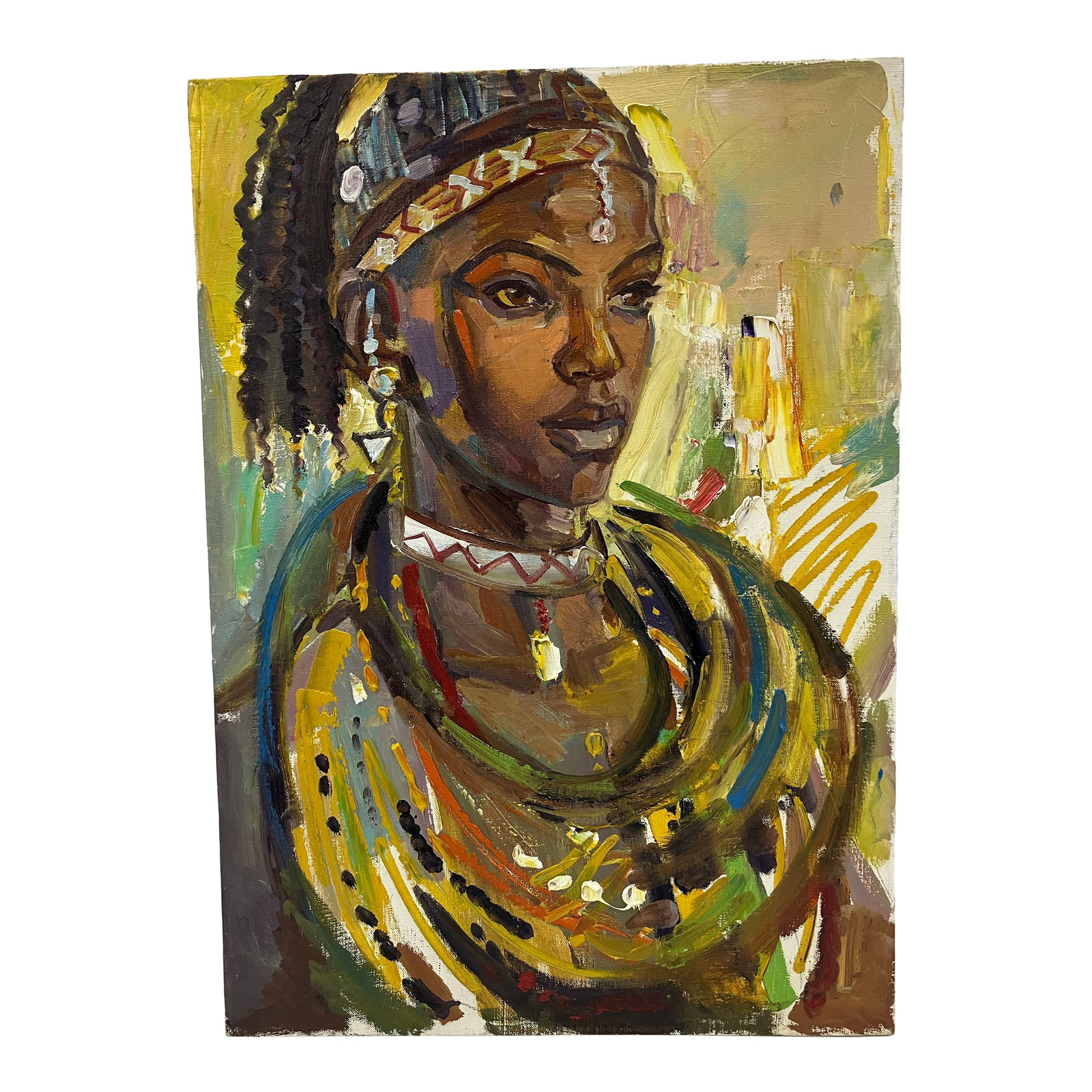 90's Expressionist Portrait Painting: "African Princess " is a dramatic painting on linen in the Expressionist's style, The very sculptured face is supported by abstracted details representing a necklace. The same technique is applied to