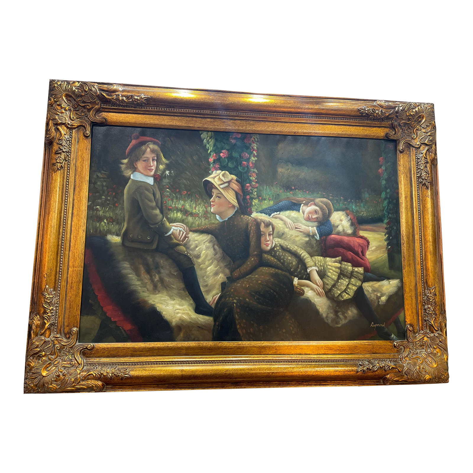Mid 20th Century Le Blanc De Jardin (The Garden Bench) by James Tissot Oil on Canvas Reproduction by: Extensive searches across art databases shows that the is signature "Raymond" likely refers to a professional copyist or ateliers. These ateliers often used simple first-name signatures like
