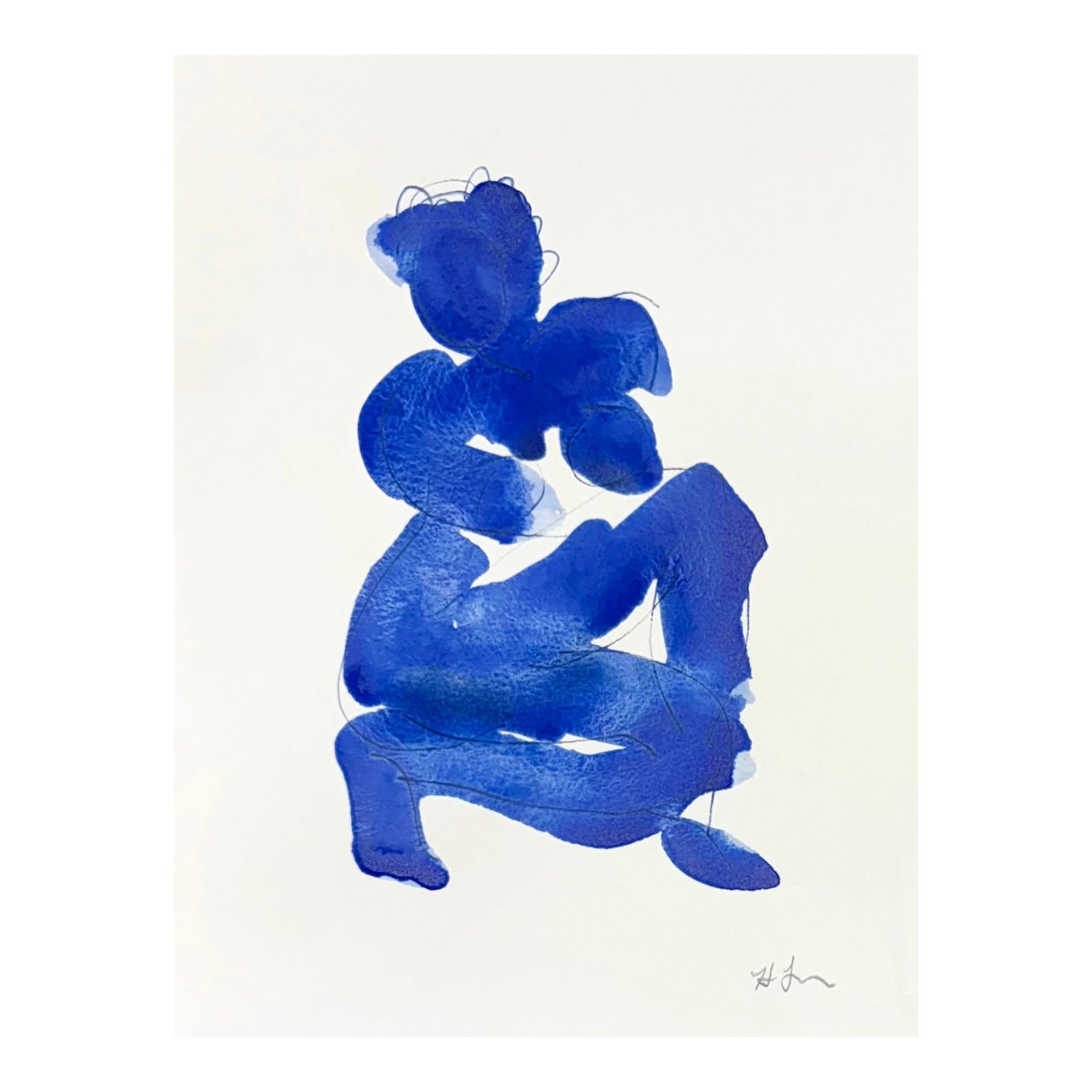 Blue Gesture No 18: Blue Gesture is an expressive study of the female form, capturing elegance and movement in a single, fluid pose. Executed in fluid washes of blue watercolor, the piece reveals both spontaneity and