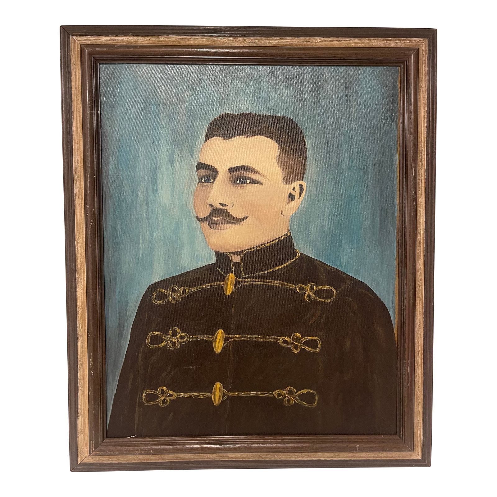 1980s Portrait Painting, Framed: Vintage antique portrait of a man in uniform. Somewhat playful with a deep turquoise background. Pre-Owned, purchased less than a year ago. Dimensions: 20"W x 2"D x 24"H Condition: Alterations: Origin