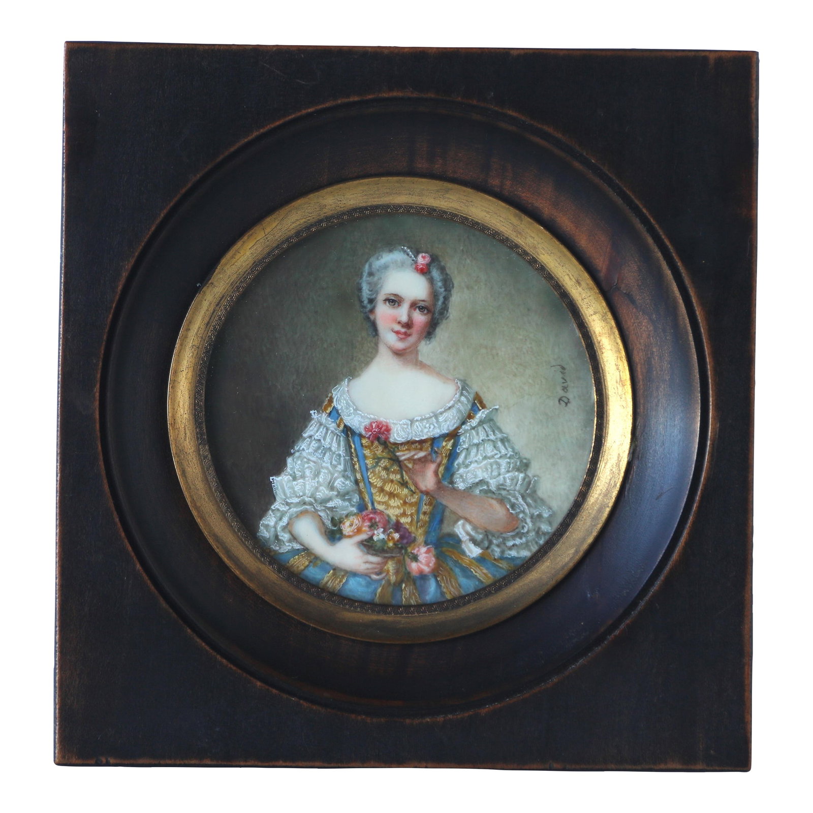 Exquisite Antique Original Miniature Portrait of Fine French Lady With Flowers Signed David: Exquisite Antique Original Miniature Portrait of Fine Royal French Lady with bouquet of flowers Origin: French European Medium: Paint Signed: David Size: Image: 3" round. Wood frame: 5.5" square