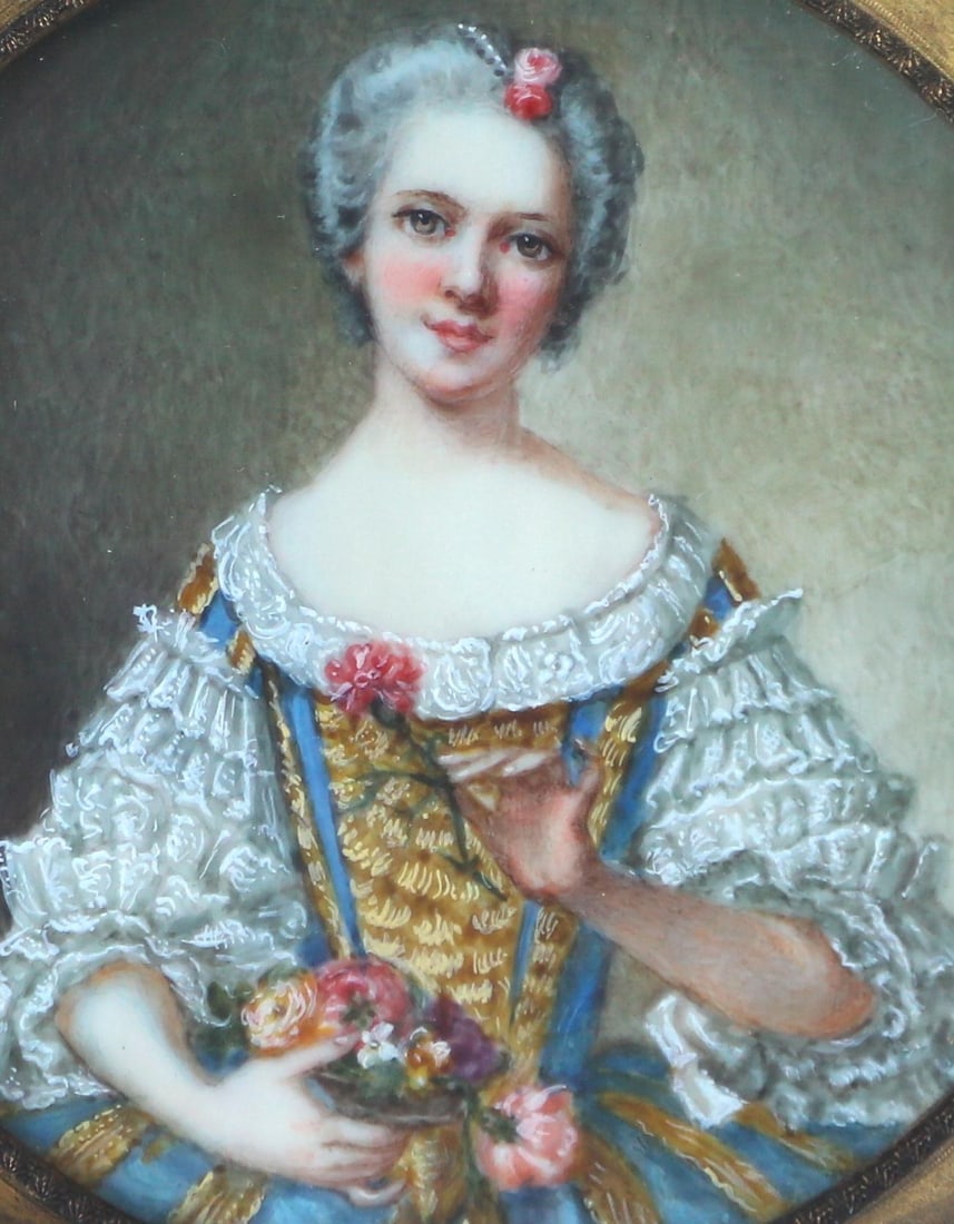Exquisite Antique Original Miniature Portrait of Fine French Lady With Flowers Signed David - 2
