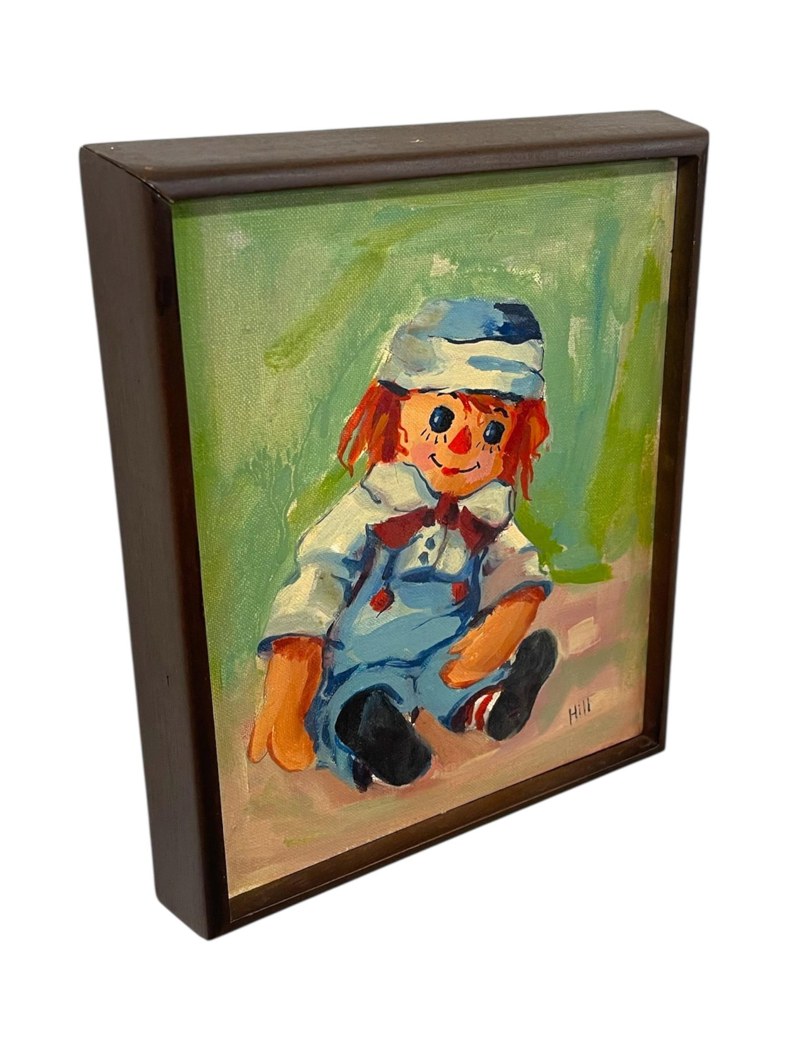 Vintage Raggedy Ann-Style Doll Portrait Painting on Grumbacher Canvas Board, Signed "Hill" - 3