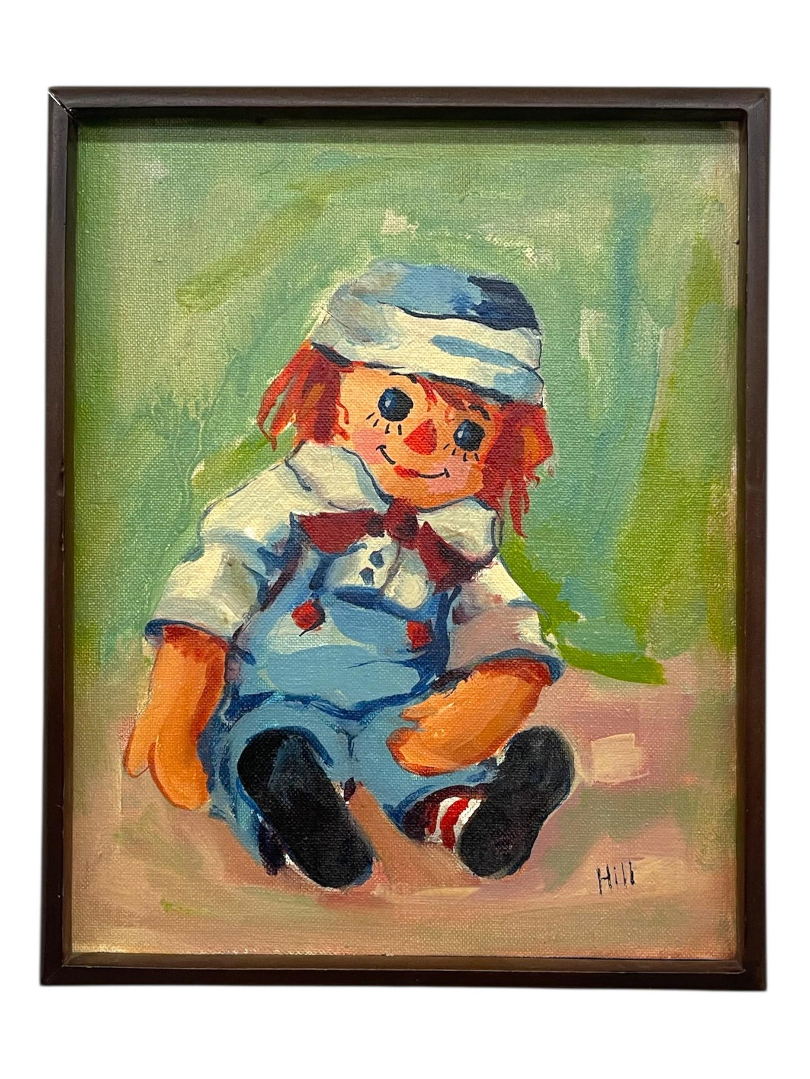 Vintage Raggedy Ann-Style Doll Portrait Painting on Grumbacher Canvas Board, Signed "Hill" - 8