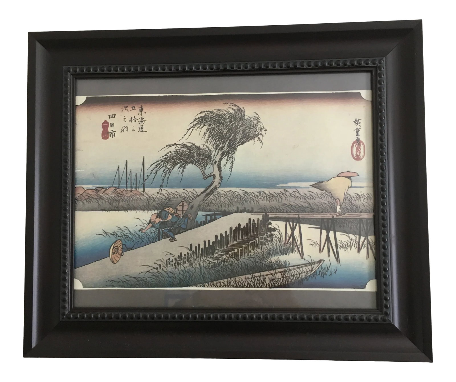 1950s "Tokaido Gojuuhsantsugi, Yokkaichi" Japanese Reproduction Print After Utagawa Hiroshige, Frame: Utagawa Hiroshige (1797~1858) is best known for his horizontal format landscape series, "The fifty three stations of Tokaido." This is one of them and 1950s reproduction print. Condition: