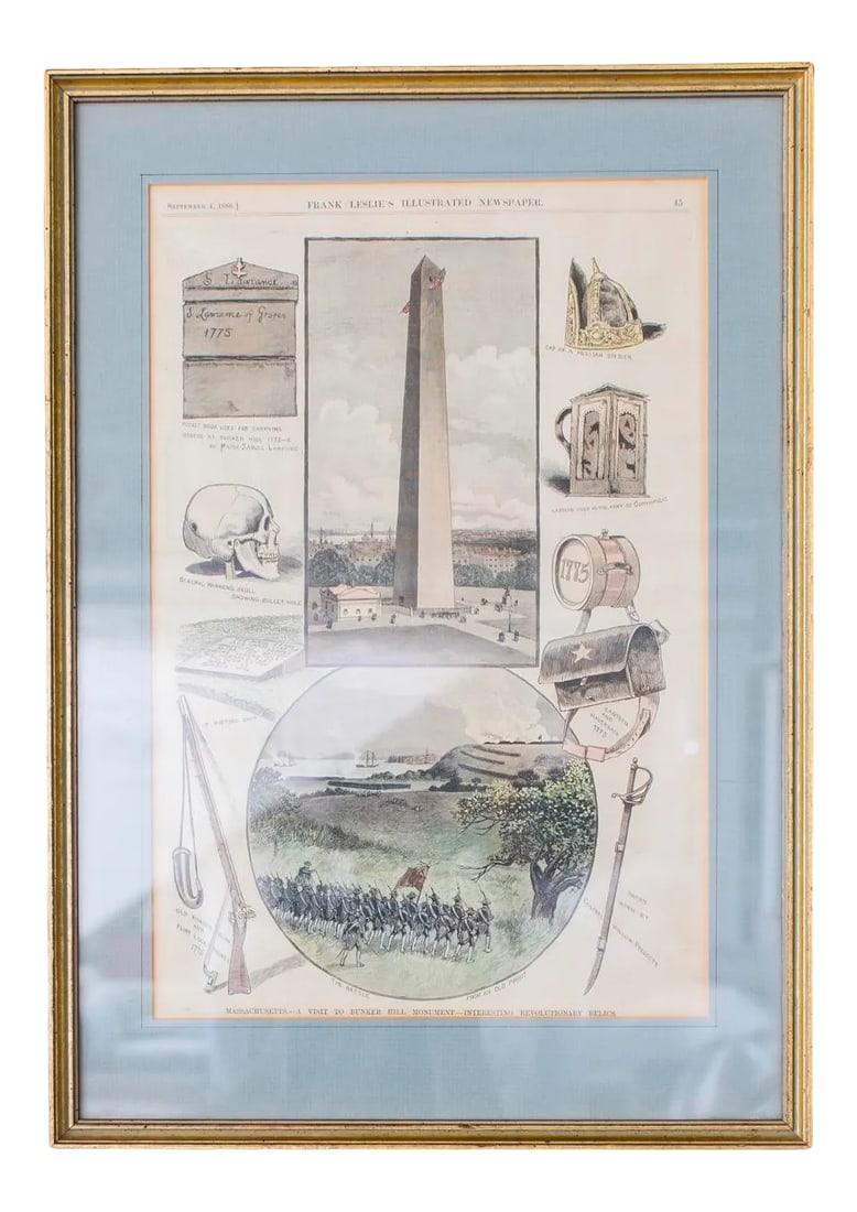 1990s "A Visit to Bunker Hill: Interesting Revolutionary Relics" Reproduction Print, Framed: Frank Leslie's Illustrated Newspaper September 4, 1886 Massachusetts. A Visit to Bunker Hill: Interesting Revolutionary Relics Purchased in the 1990s Condition: Alterations: Original Condition