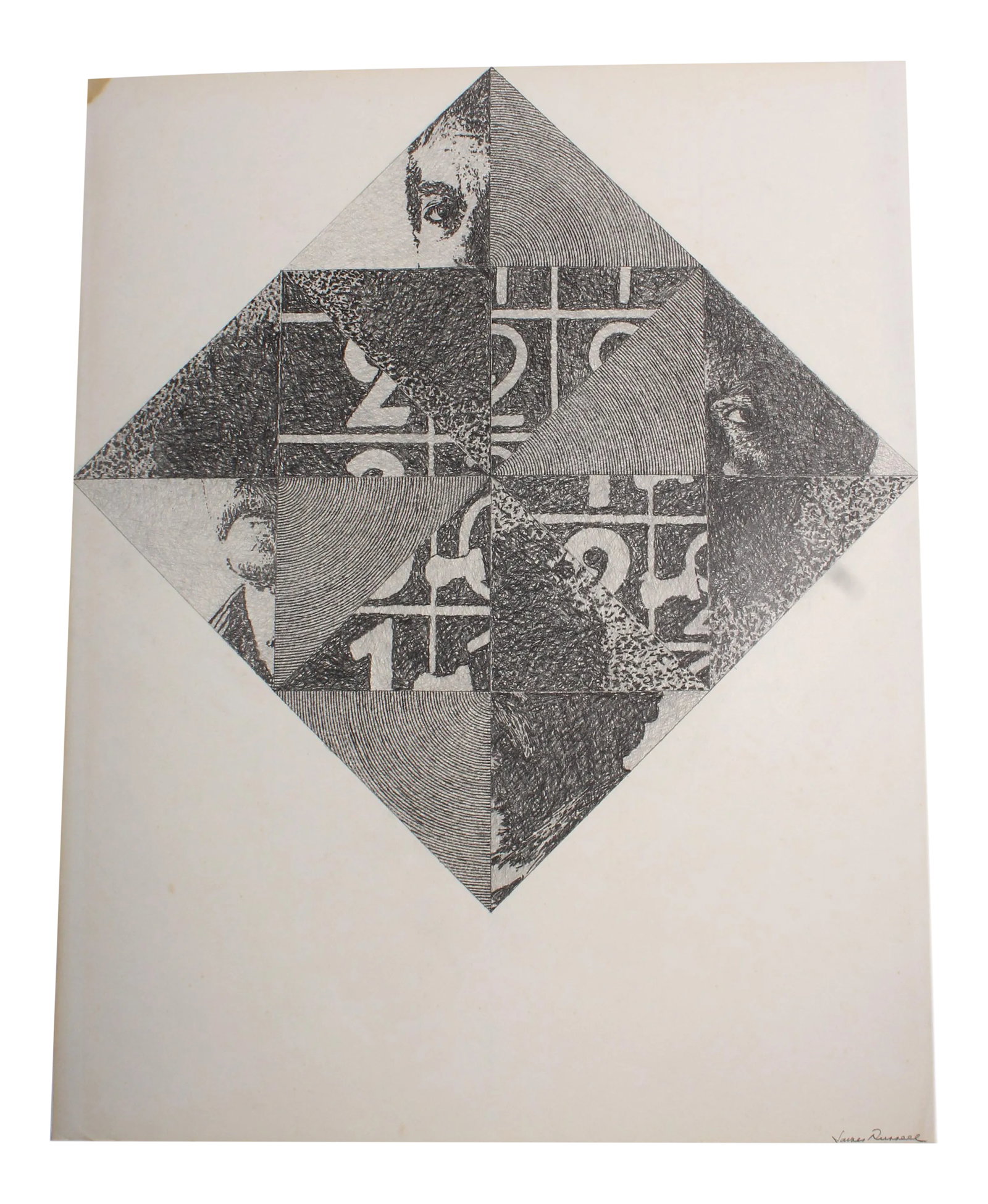 James Spencer Russell Signed Self-Portrait Graphite Drawing: A self-portrait graphite drawing by American artist James Spencer Russell (1915-2000). Signed to the lower right corner, the drawing illustrates an arrangement of triangles situated into a rhombus.
