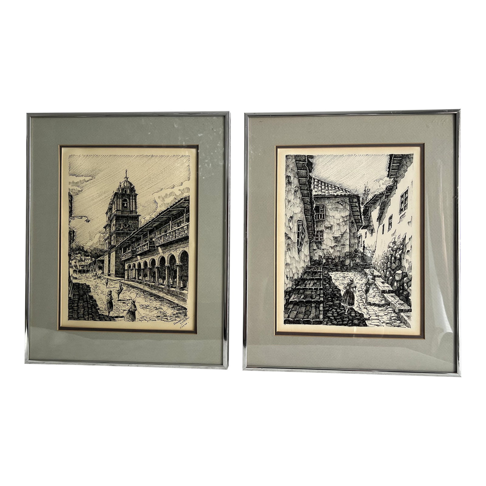 Vintage Black Line Sketches of European Cityscapes Signed Dante Vivero (Pair): Very nice pair of Black Line Sketches of old European charm. The two pictures depict city life back at the turn of the century when pedestrian walked down the middle of cobble stone streets in their f