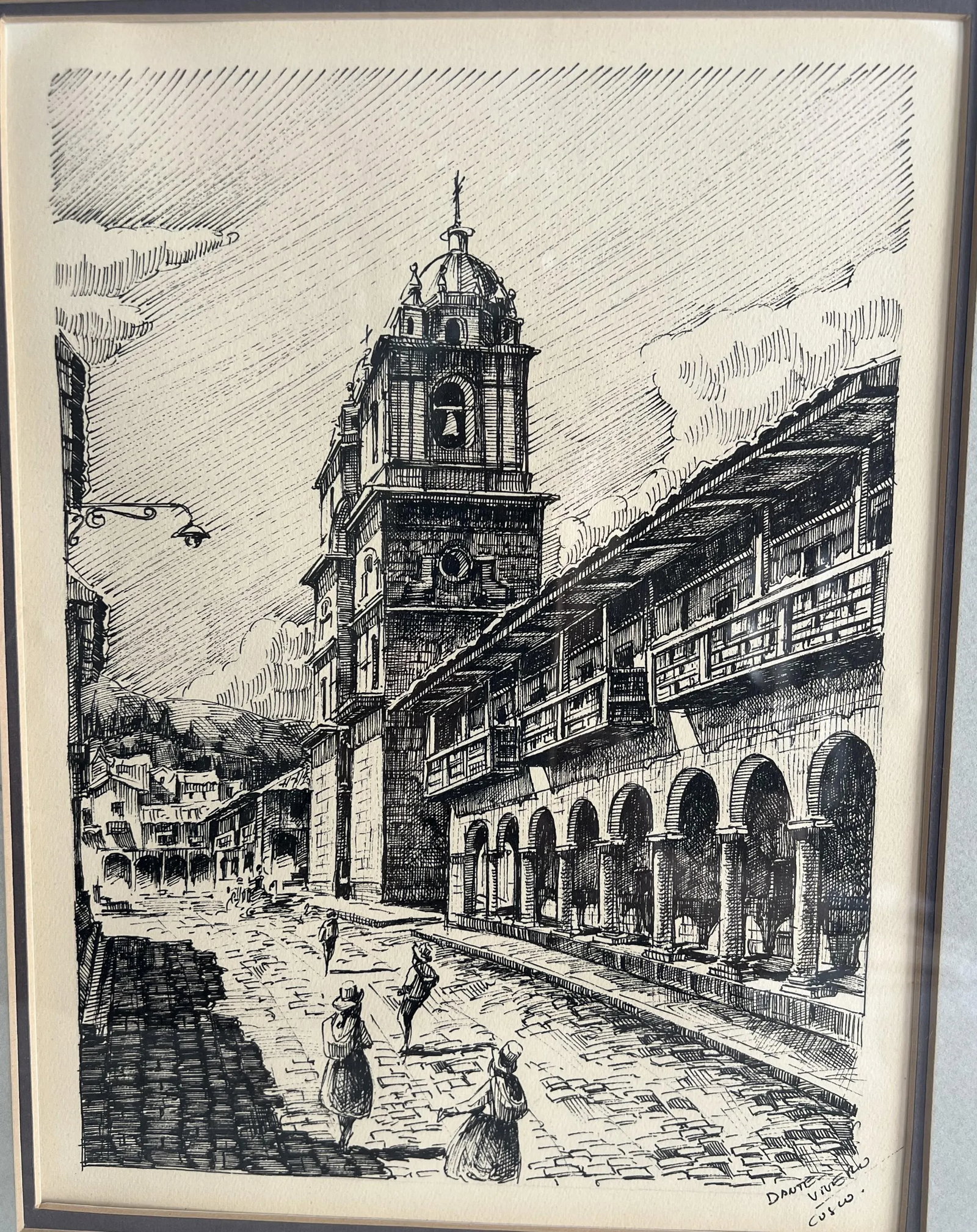 Vintage Black Line Sketches of European Cityscapes Signed Dante Vivero (Pair) - 2