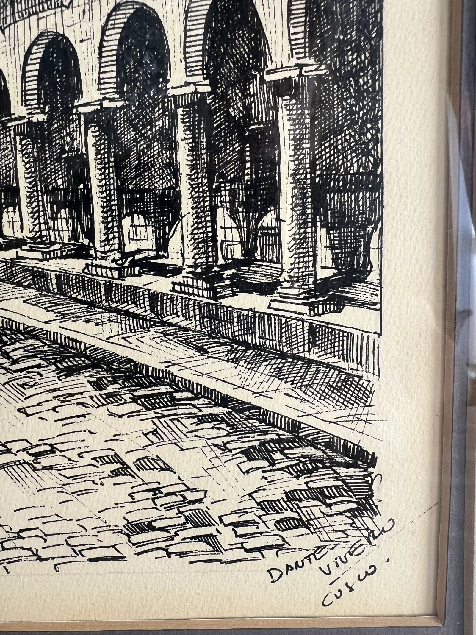 Vintage Black Line Sketches of European Cityscapes Signed Dante Vivero (Pair) - 4