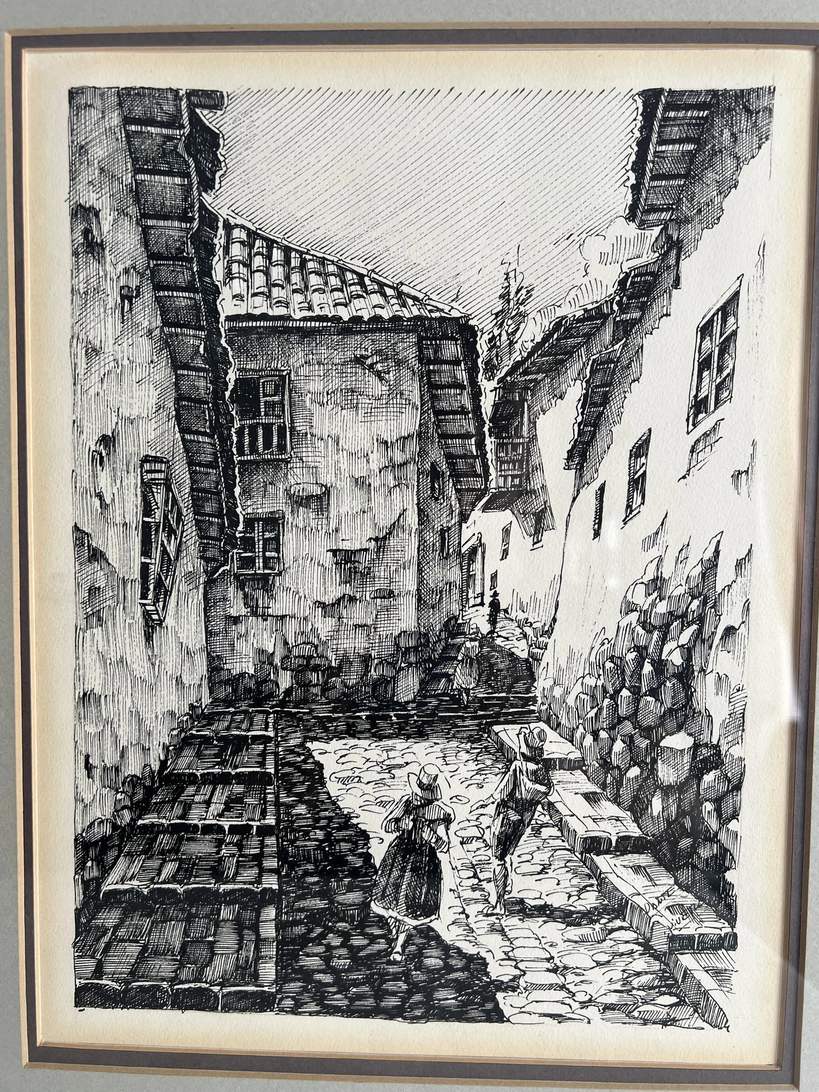 Vintage Black Line Sketches of European Cityscapes Signed Dante Vivero (Pair) - 5