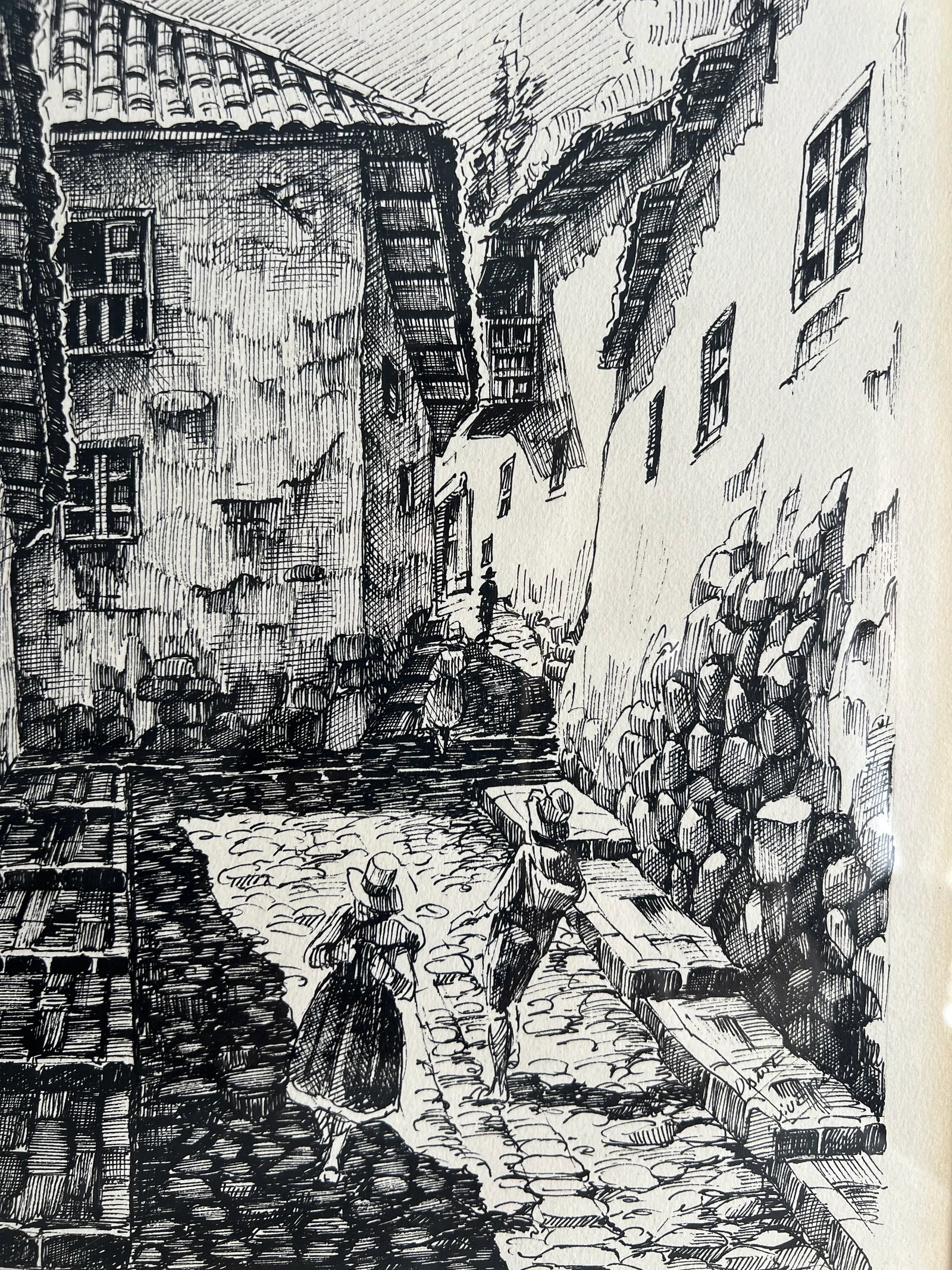 Vintage Black Line Sketches of European Cityscapes Signed Dante Vivero (Pair) - 6