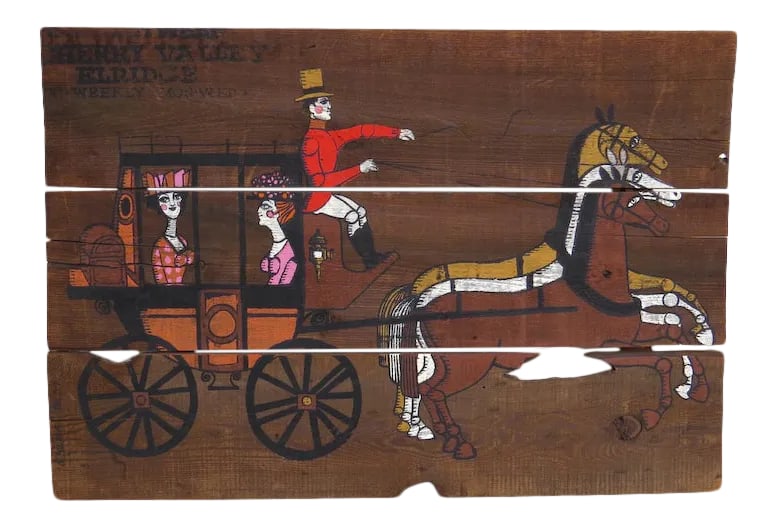 Mid 20th Century Large Mid Century Old Wood Horse Stagecoach Painting Reclaimed Board: Great vintage painting on old boards. Stagecoach two passengers with driver in red coat and top hat. Measures 36" by 24 1/2". Condition: Alterations: Original Condition Unaltered Imperfections: Some I