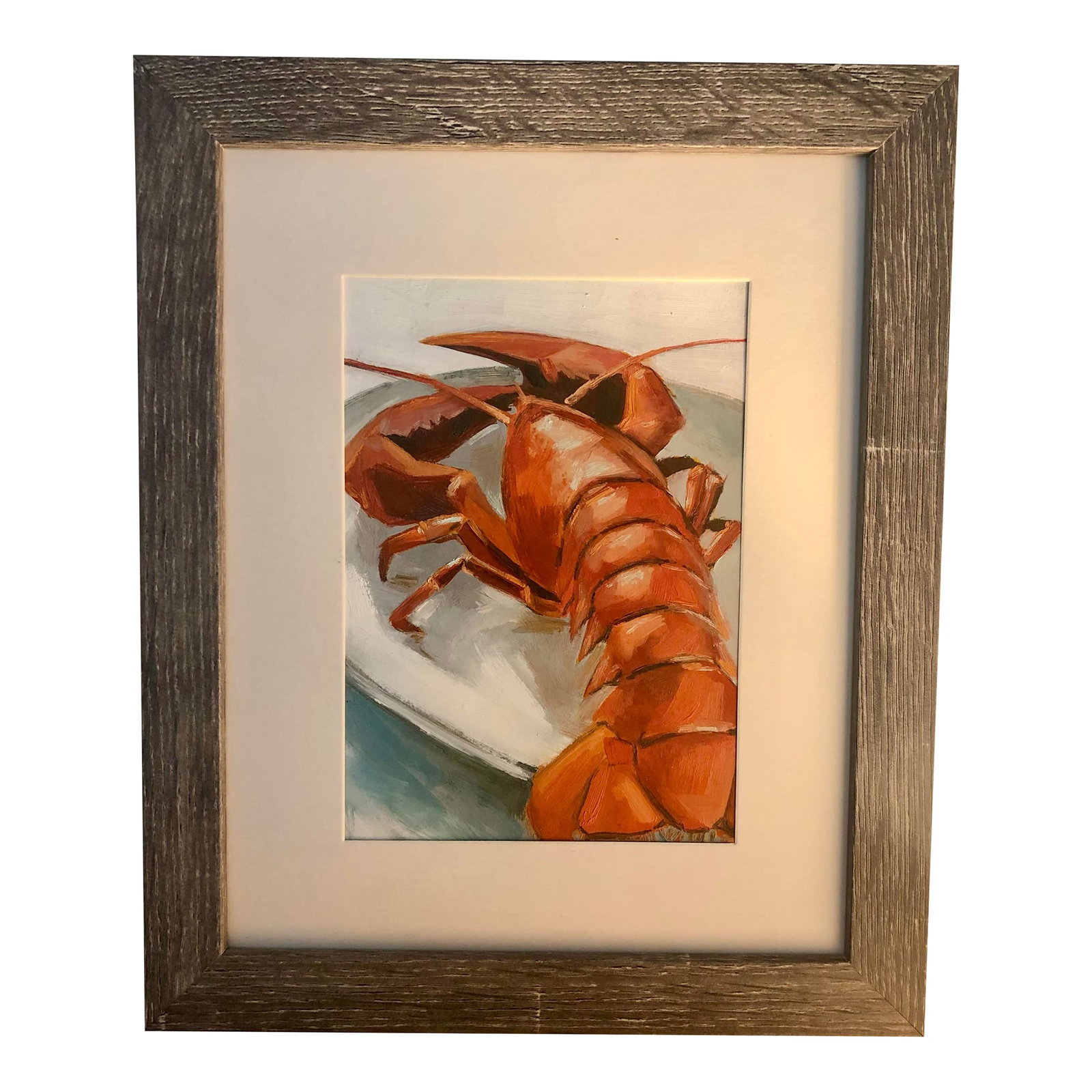 Original Oil Painting Impressionist Crayfish: This Original Impressionist Crayfish Oil Paining on a Plate, which measures approximately 5'' x 8'' unframed, is a bold, vibrant and beautifully executed painting of a freshwater crustacean. This