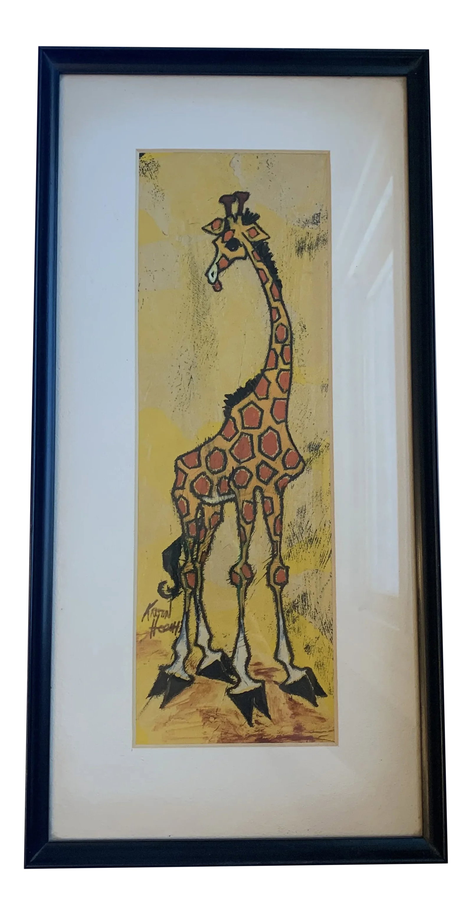 Mid 20th Century Giraffe Painting, Framed: Mid-Century giraffe painting with vibrant colors and interesting proportions. A fabulous nursery piece and ready to hang. Condition: Alterations: Original Condition Unaltered Imperfections: Some