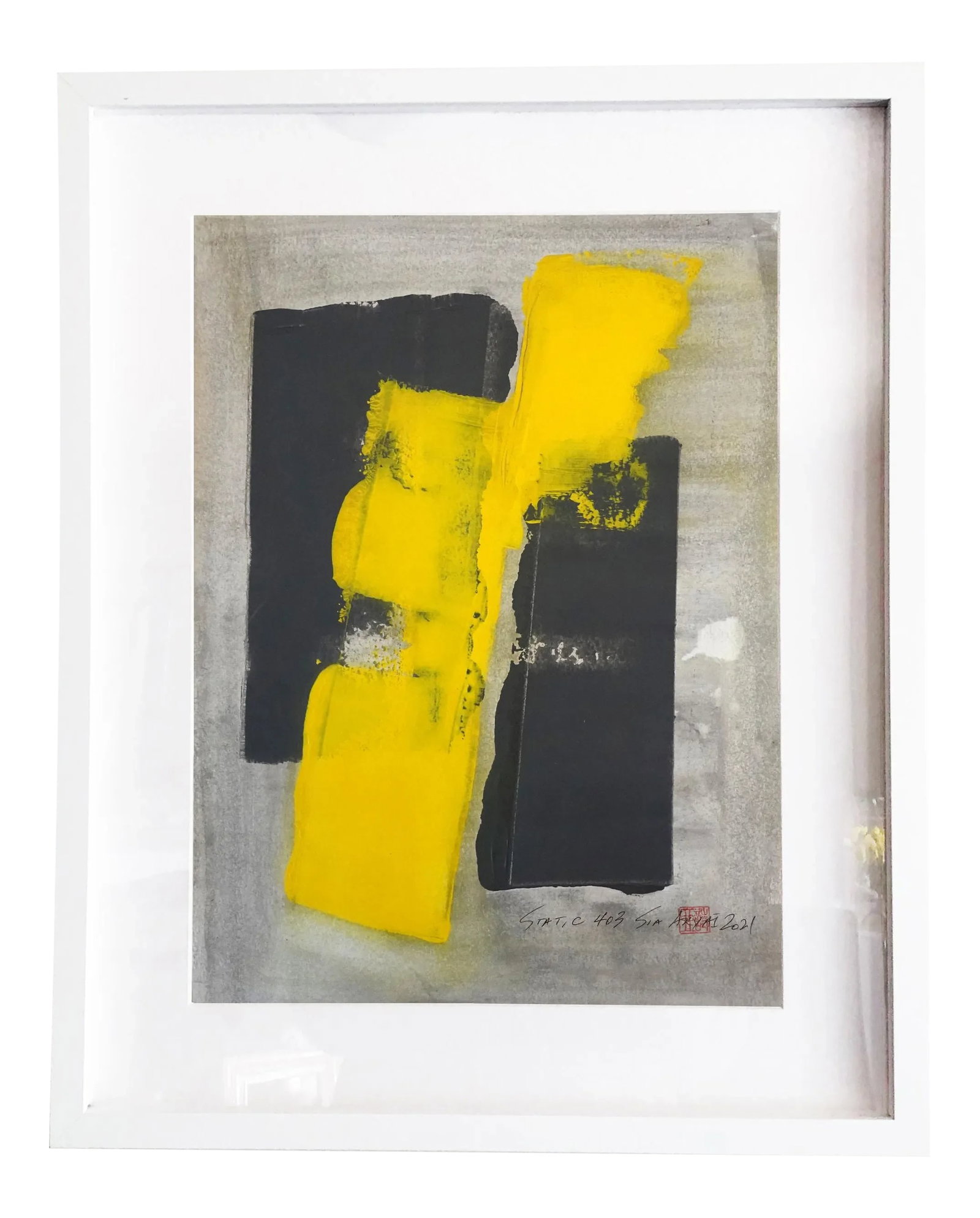 "Static 403" Contemporary Abstract Yellow Mixed-Media Painting, Framed: This is gray with a dash of yellow with a twist, it always makes a statement. Painting is 12X17" handmade heavyweight paper comes custom-framed in a 17X21X1.2" white shadow box Signed, dated, and