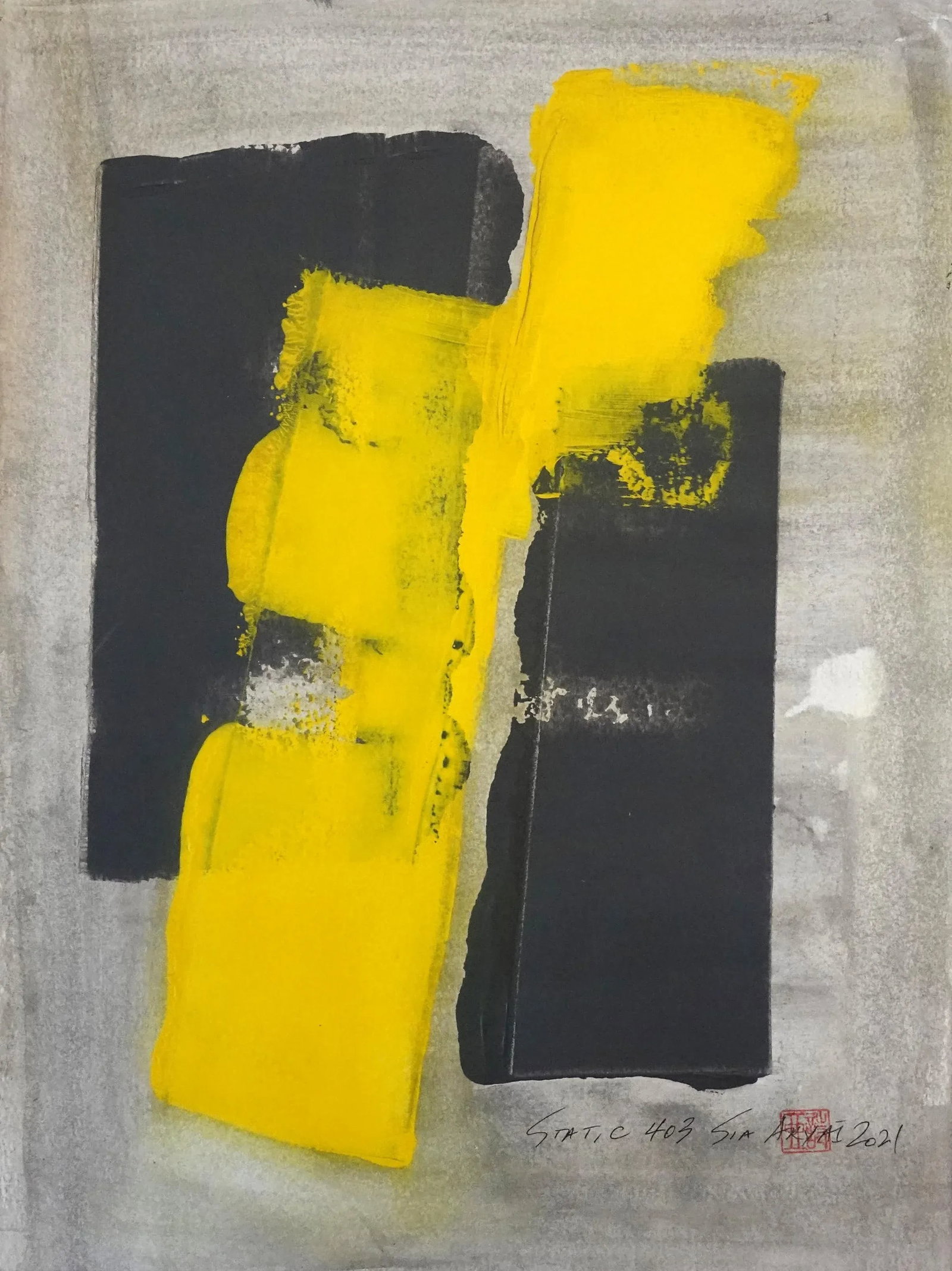"Static 403" Contemporary Abstract Yellow Mixed-Media Painting, Framed - 2