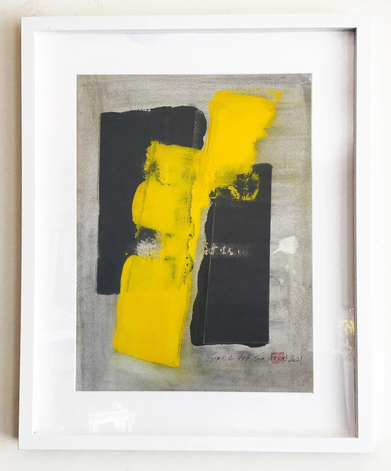 "Static 403" Contemporary Abstract Yellow Mixed-Media Painting, Framed - 5